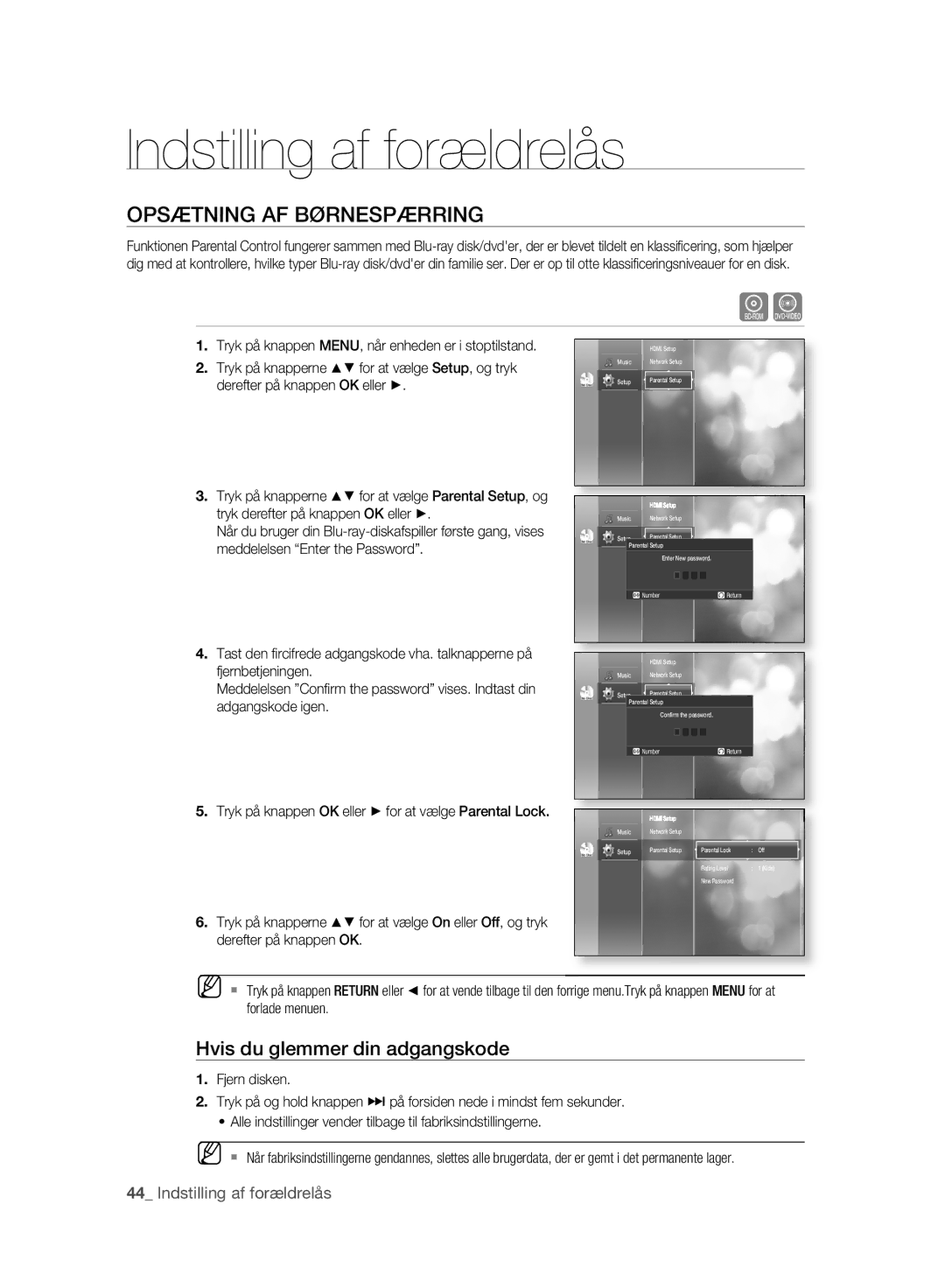 Samsung BD-P2500/XEE manual Indstilling af forældrelås, Opsætning AF Børnespærring, Hvis du glemmer din adgangskode 