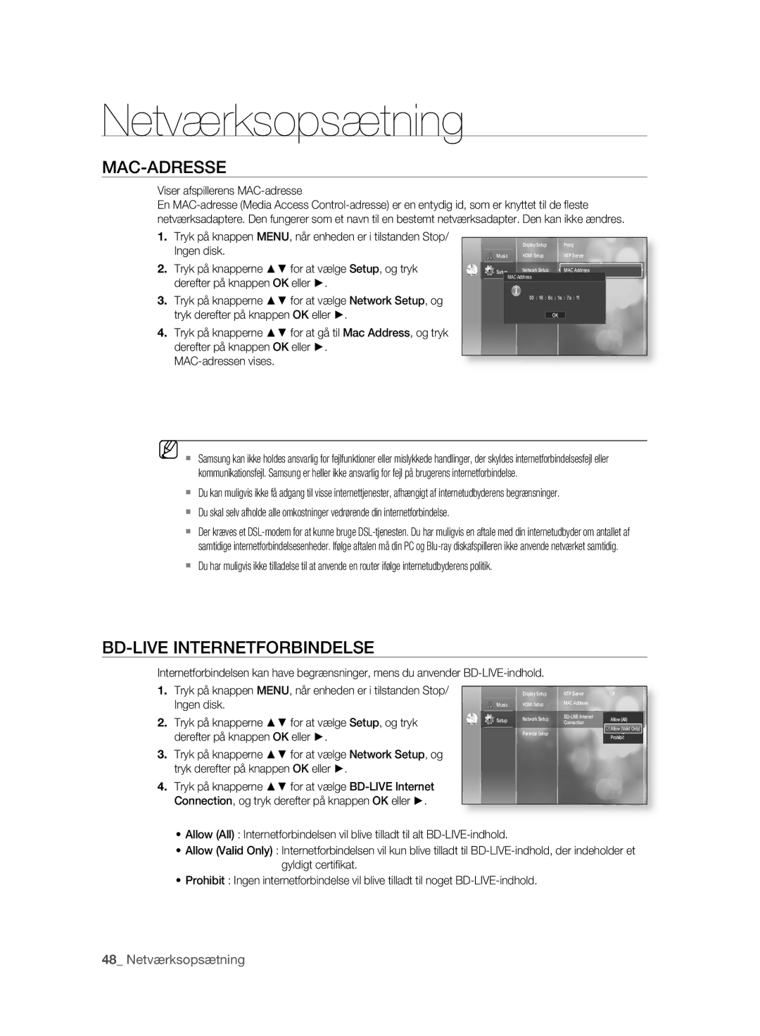 Samsung BD-P2500/XEE manual Netværksopsætning, Mac-Adresse, BD-LIVE Internetforbindelse, Ingen disk 