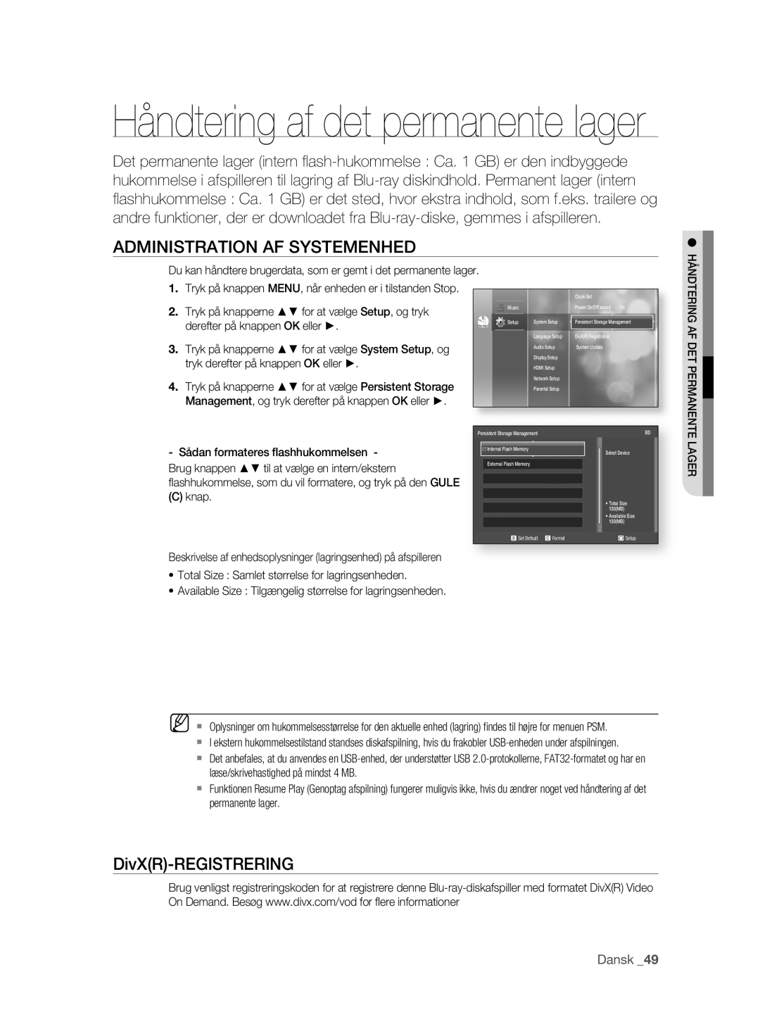 Samsung BD-P2500/XEE manual Håndtering af det permanente lager, Administration AF Systemenhed 