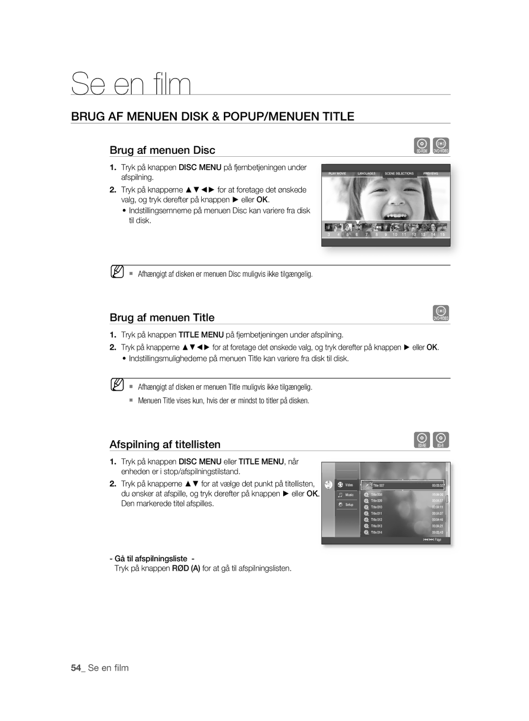 Samsung BD-P2500/XEE manual Brug AF Menuen Disk & POPUP/MENUEN Title, Brug af menuen Disc, Brug af menuen Title, Se en ﬁlm 