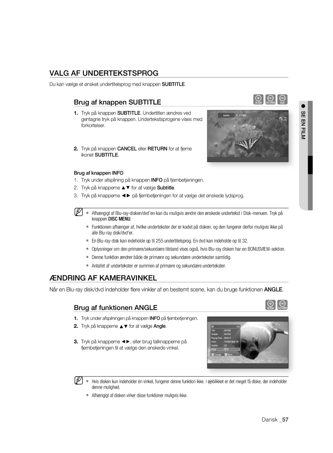 Samsung BD-P2500/XEE manual Valg AF Undertekstsprog, Ændring AF Kameravinkel, Brug af funktionen Angle 