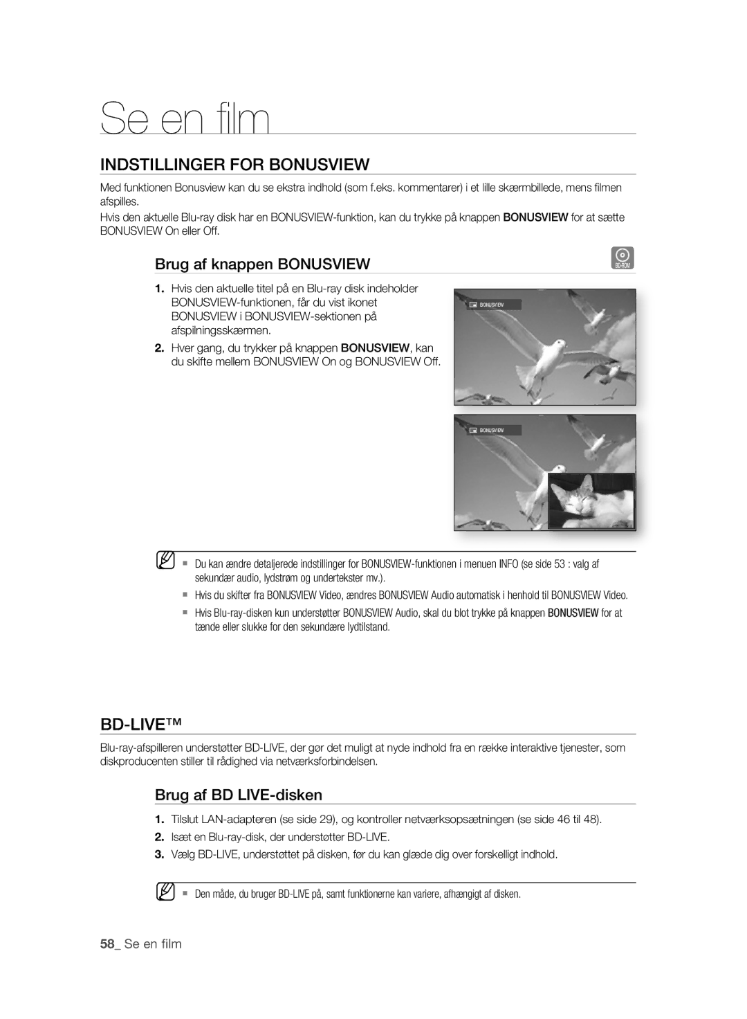 Samsung BD-P2500/XEE manual Indstillinger for Bonusview, Bd-Live, Brug af knappen Bonusview, Brug af BD LIVE-disken 