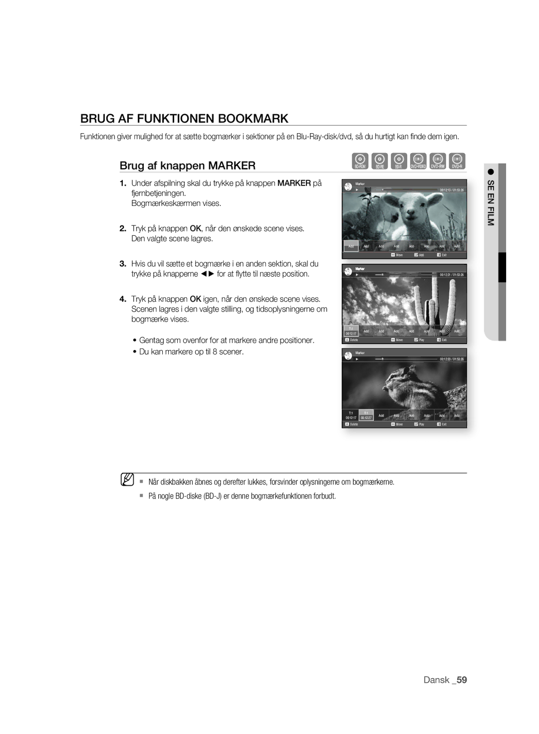 Samsung BD-P2500/XEE manual Brug AF Funktionen Bookmark, Brug af knappen Marker, Du kan markere op til 8 scener 