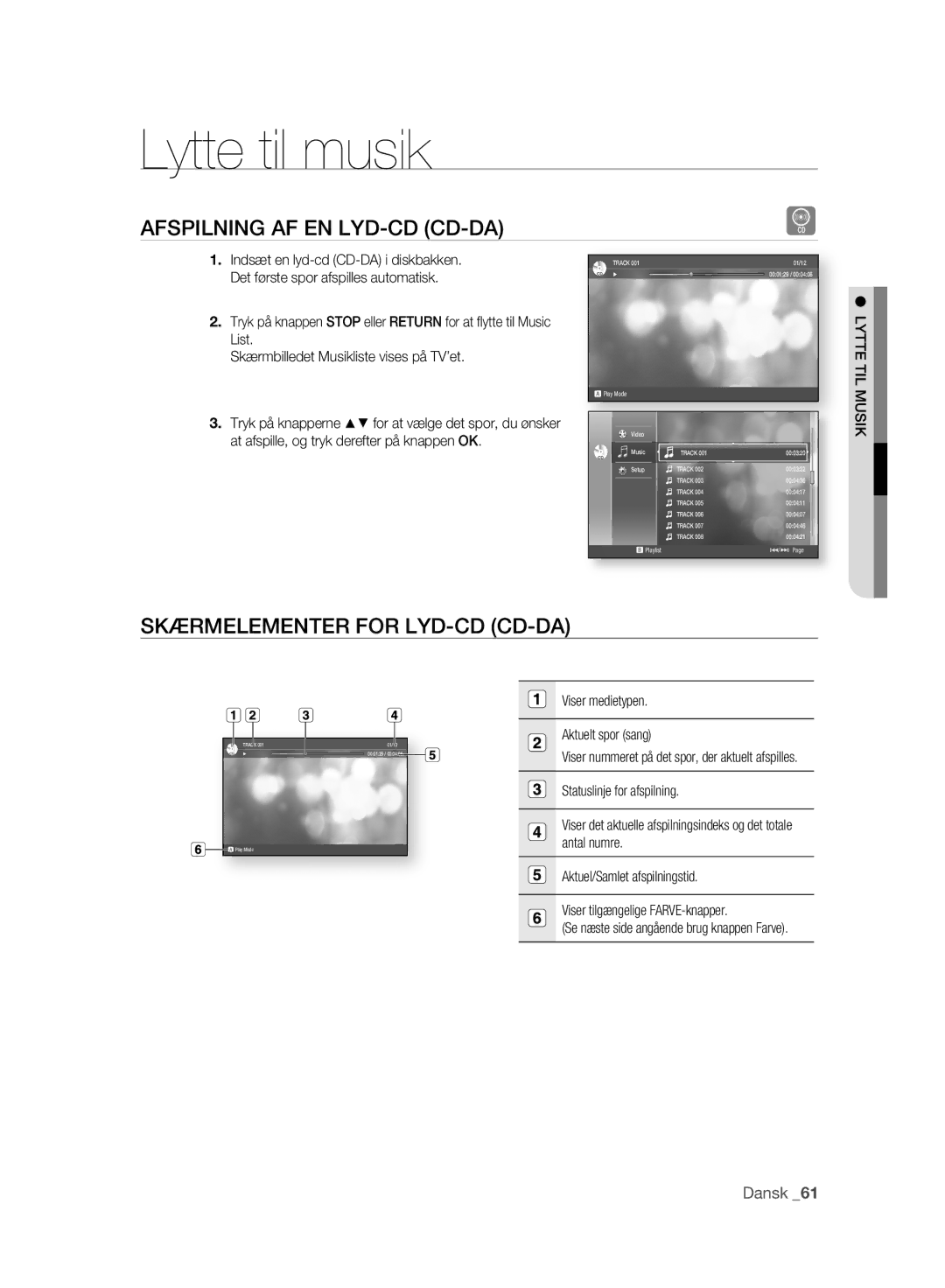 Samsung BD-P2500/XEE Lytte til musik, Afspilning AF EN LYD-CD CD-DA, Skærmelementer for LYD-CD CD-DA, Lytte TIL Musik 