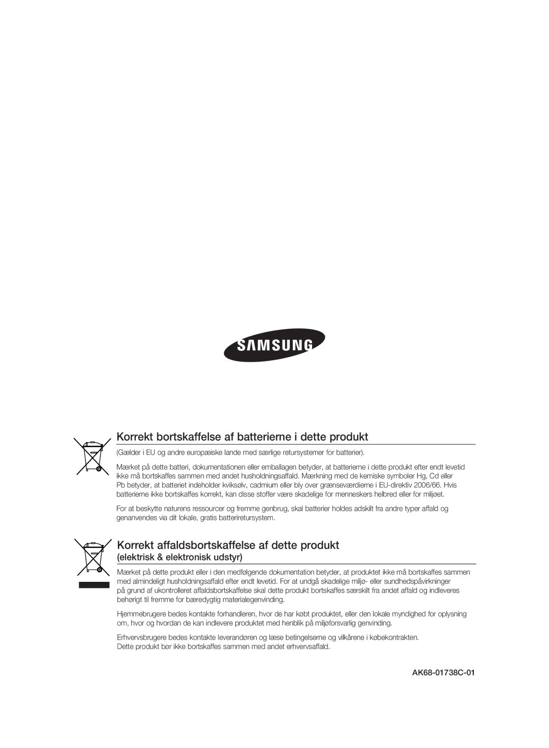 Samsung BD-P2500/XEE Korrekt bortskaffelse af batterierne i dette produkt, Korrekt affaldsbortskaffelse af dette produkt 