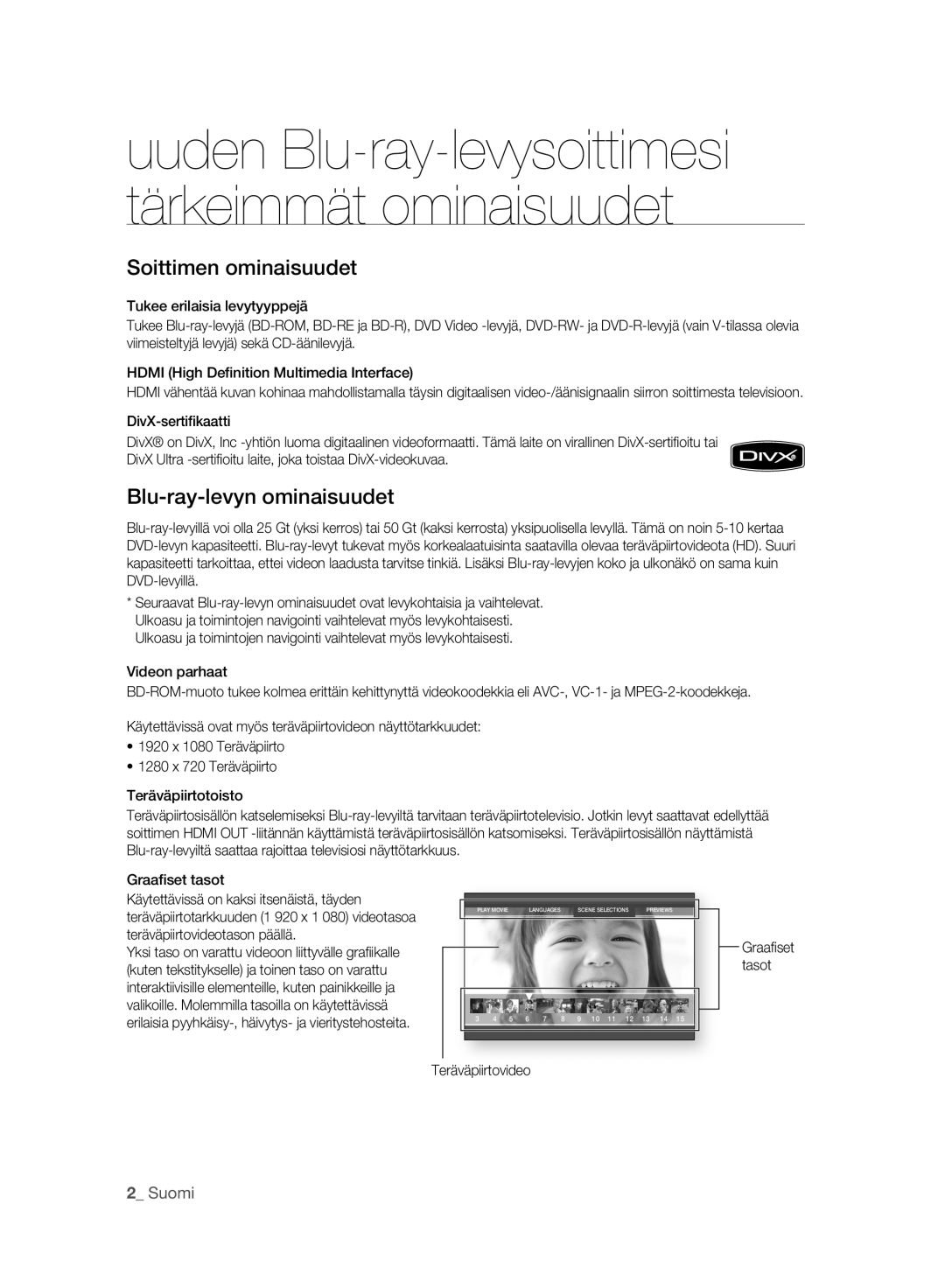 Samsung BD-P2500/XEE manual Uuden Blu-ray-levysoittimesi tärkeimmät ominaisuudet, Teräväpiirtovideo 