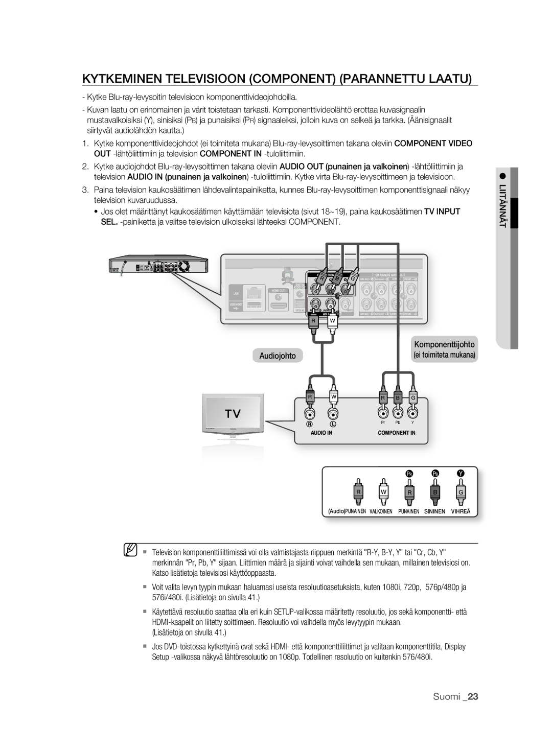 Samsung BD-P2500/XEE manual Kytkeminen Televisioon Component Parannettu Laatu, Lisätietoja on sivulla 