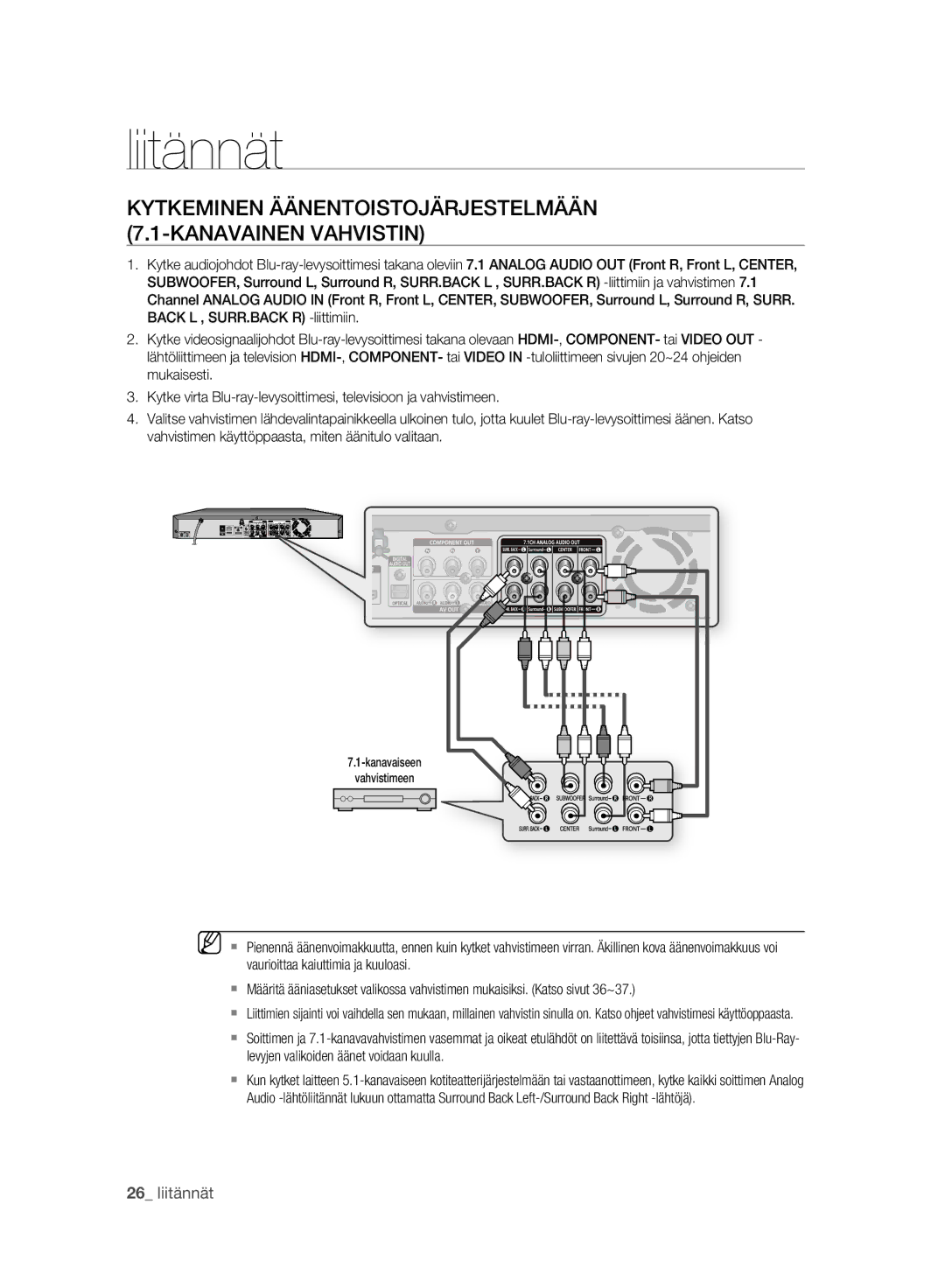 Samsung BD-P2500/XEE manual Kytkeminen Äänentoistojärjestelmään 7.1-KANAVAINEN Vahvistin 