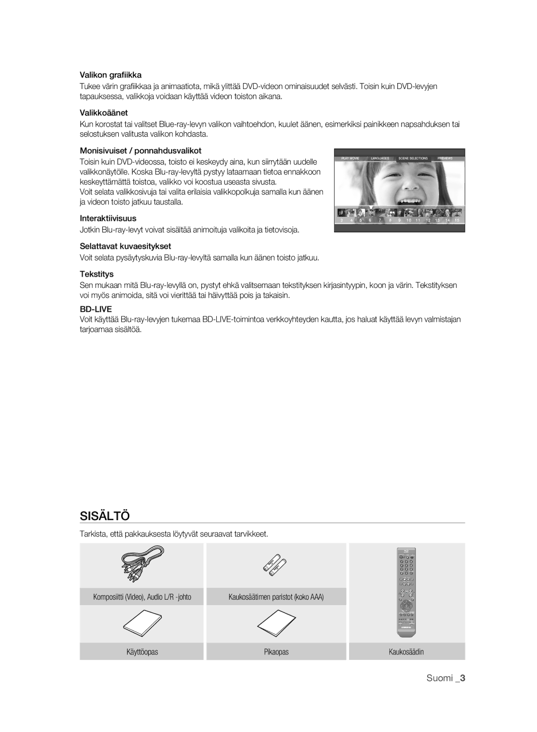 Samsung BD-P2500/XEE manual Sisältö, Tekstitys, Bd-Live, Tarkista, että pakkauksesta löytyvät seuraavat tarvikkeet 