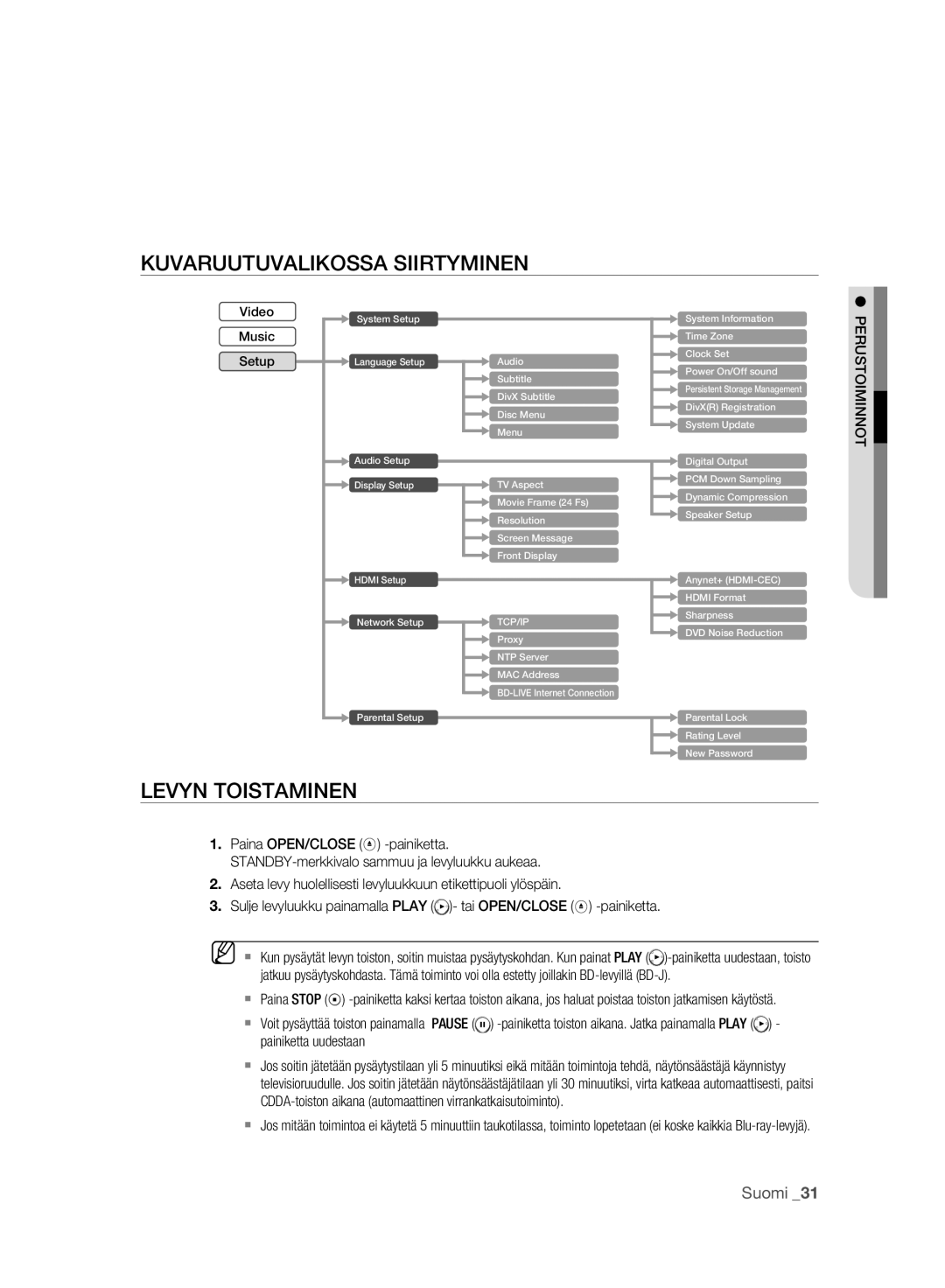 Samsung BD-P2500/XEE manual Kuvaruutuvalikossa Siirtyminen, Levyn Toistaminen, Perustoiminnot 