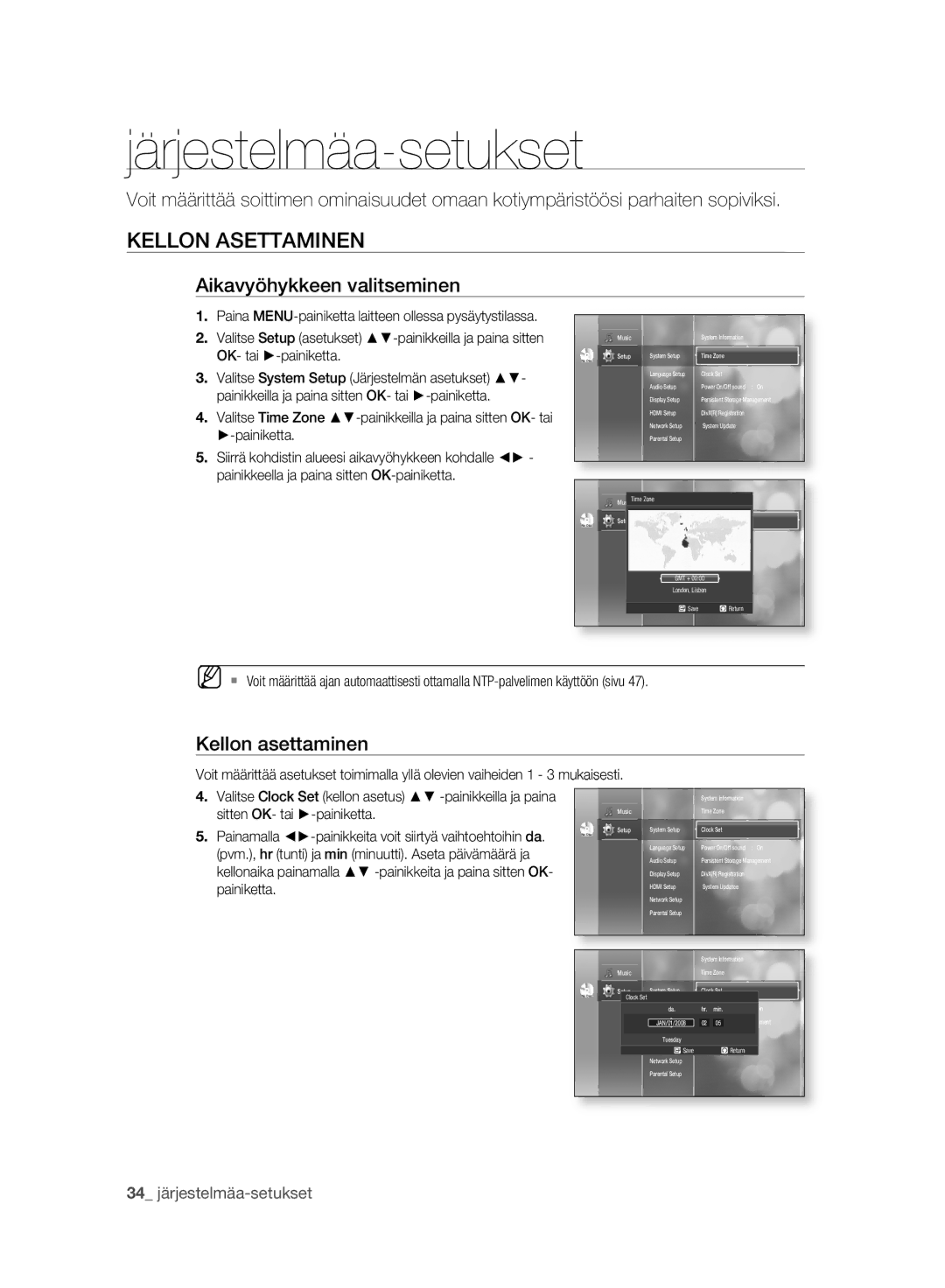 Samsung BD-P2500/XEE manual Järjestelmäa-setukset, Kellon Asettaminen, Aikavyöhykkeen valitseminen, Kellon asettaminen 