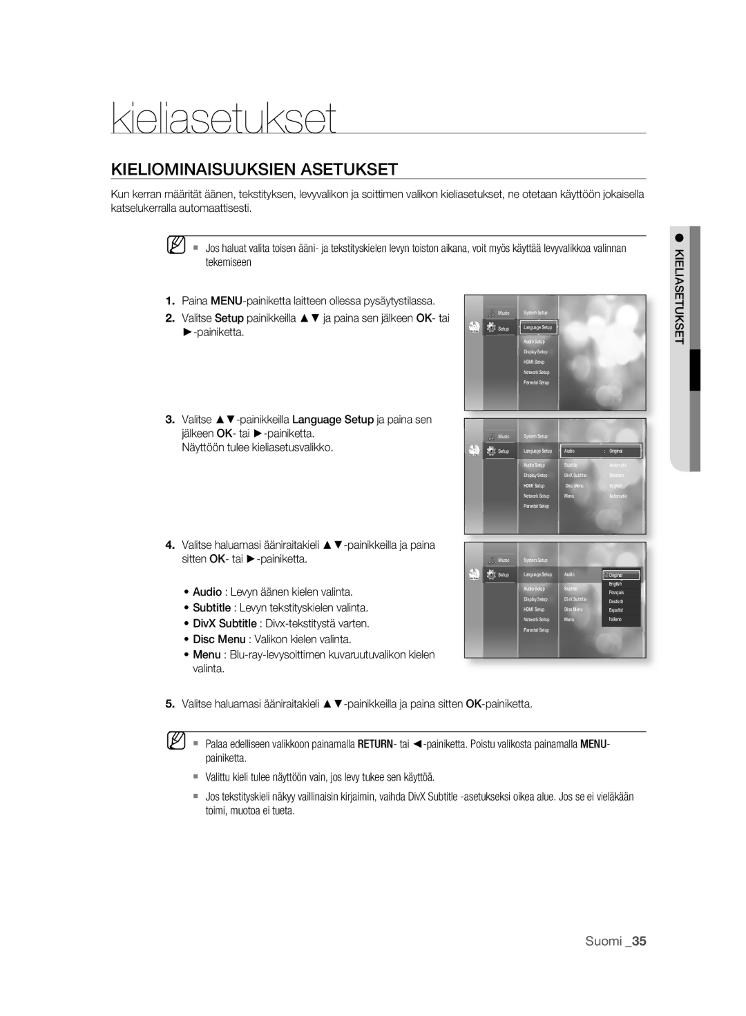 Samsung BD-P2500/XEE manual Kieliasetukset, Kieliominaisuuksien Asetukset 