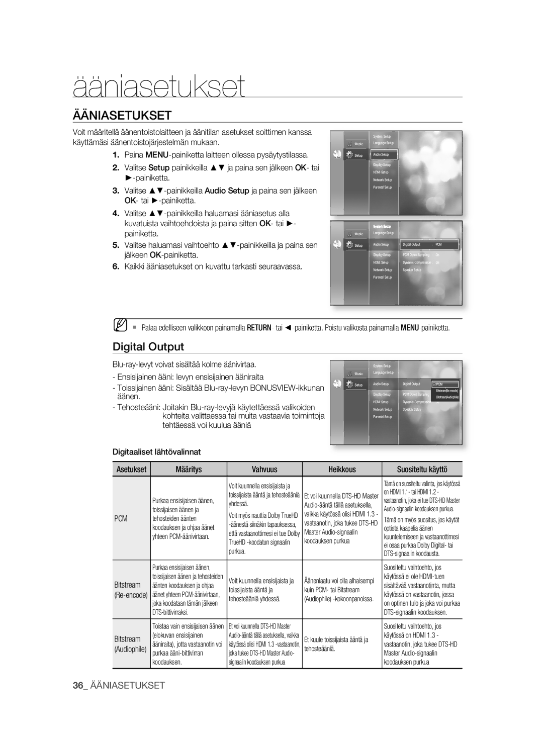 Samsung BD-P2500/XEE manual Ääniasetukset, Digital Output, Pcm 