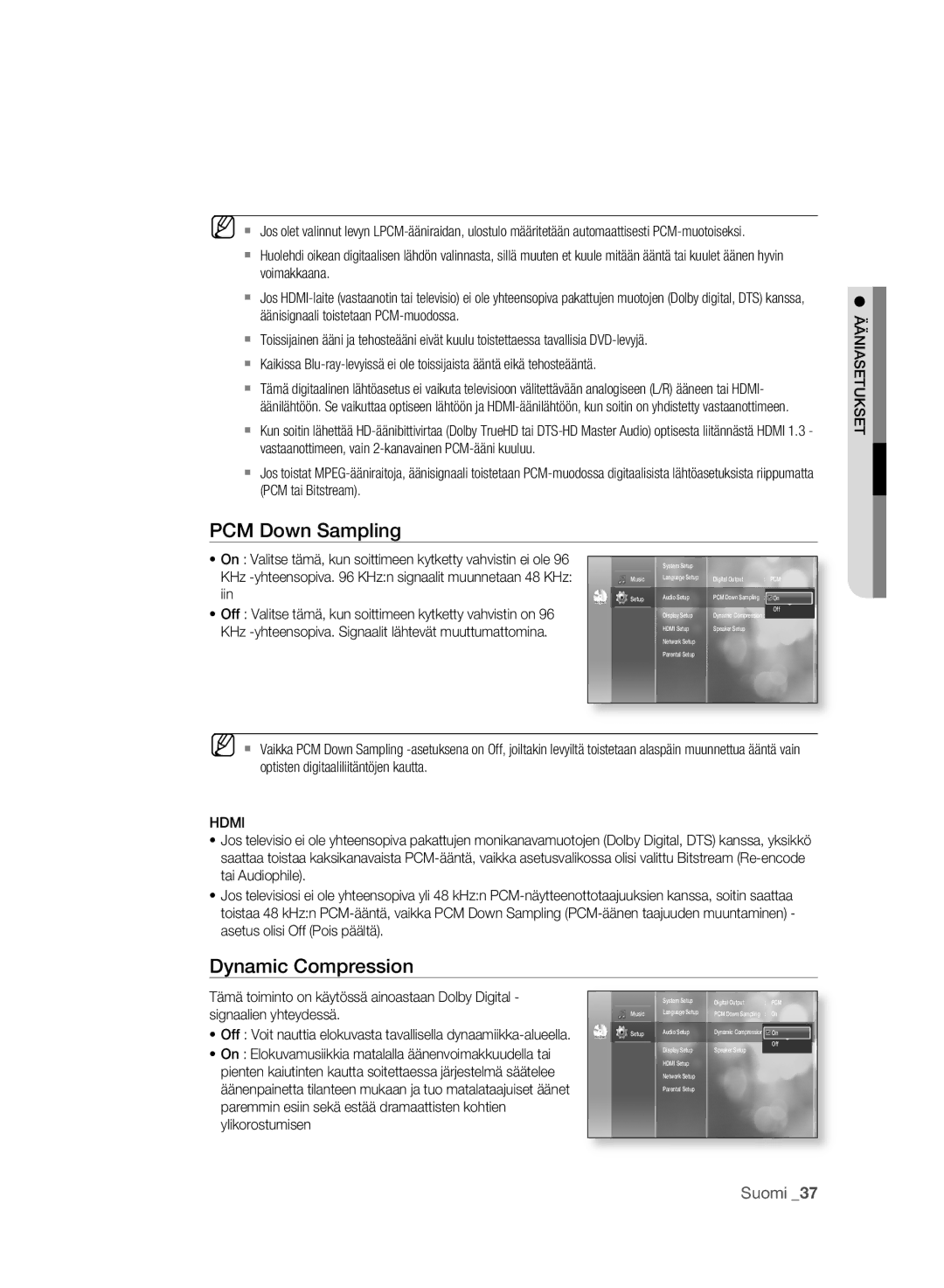 Samsung BD-P2500/XEE manual Dynamic Compression, Hdmi, Ääniasetukset 