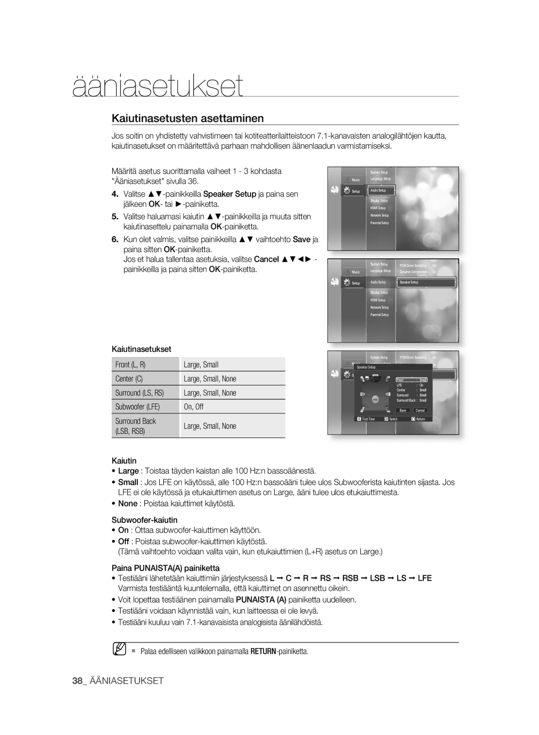 Samsung BD-P2500/XEE manual Kaiutinasetusten asettaminen, Subwoofer LFE On, Off Surround Back Large, Small, None, Lsb, Rsb 