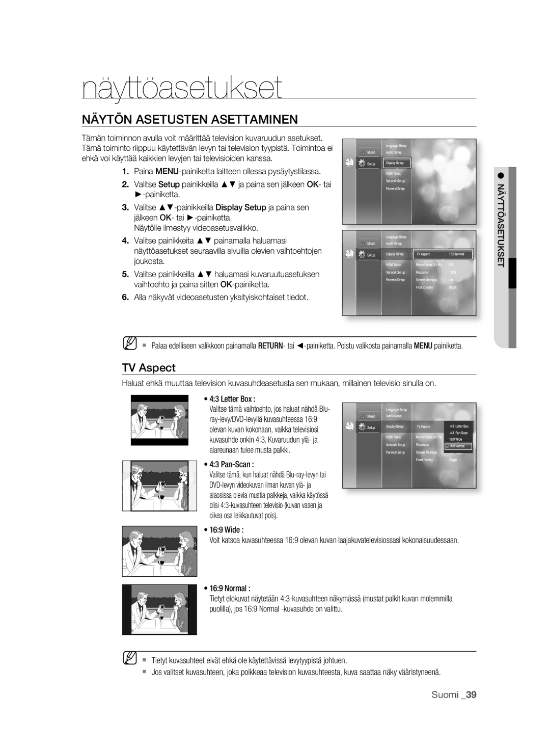 Samsung BD-P2500/XEE manual Näyttöasetukset, Näytön Asetusten Asettaminen, TV Aspect 