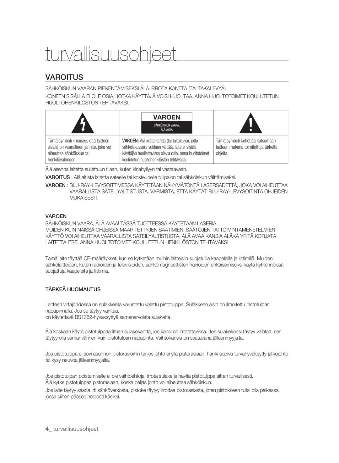 Samsung BD-P2500/XEE manual Turvallisuusohjeet, Varoitus, Tärkeä Huomautus 