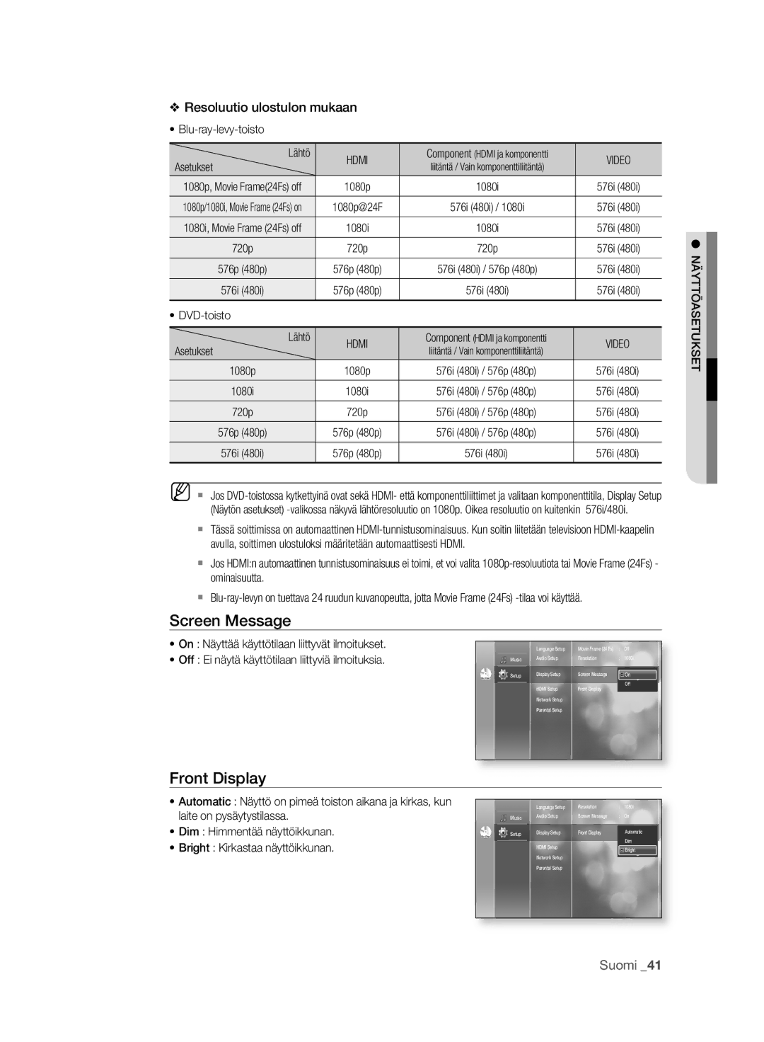 Samsung BD-P2500/XEE manual Screen Message, Front Display, Video, Näyttöasetukset 