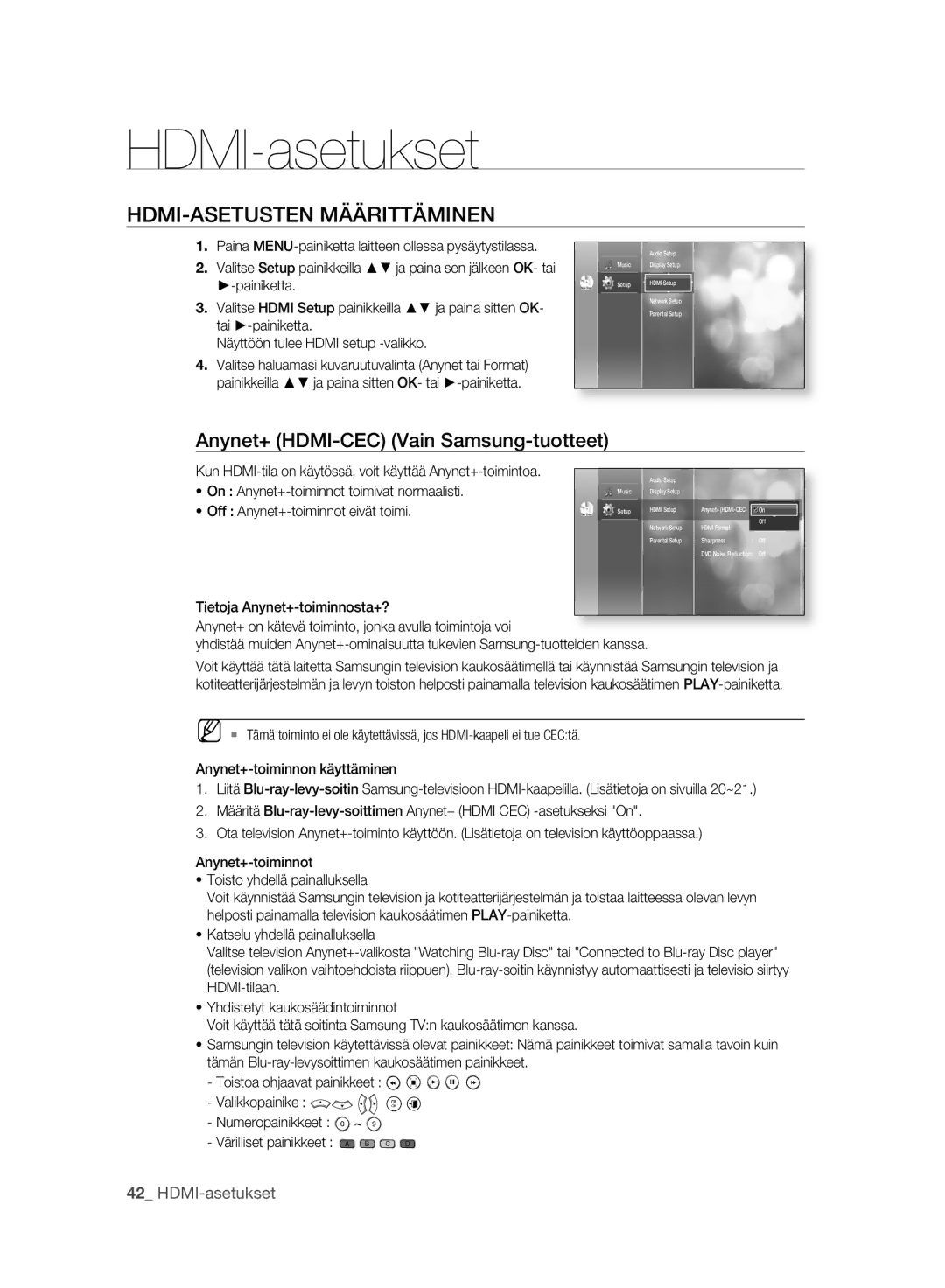 Samsung BD-P2500/XEE manual HDMI-asetukset, HDMI-ASETUSTEN Määrittäminen, Anynet+ HDMI-CEC Vain Samsung-tuotteet 