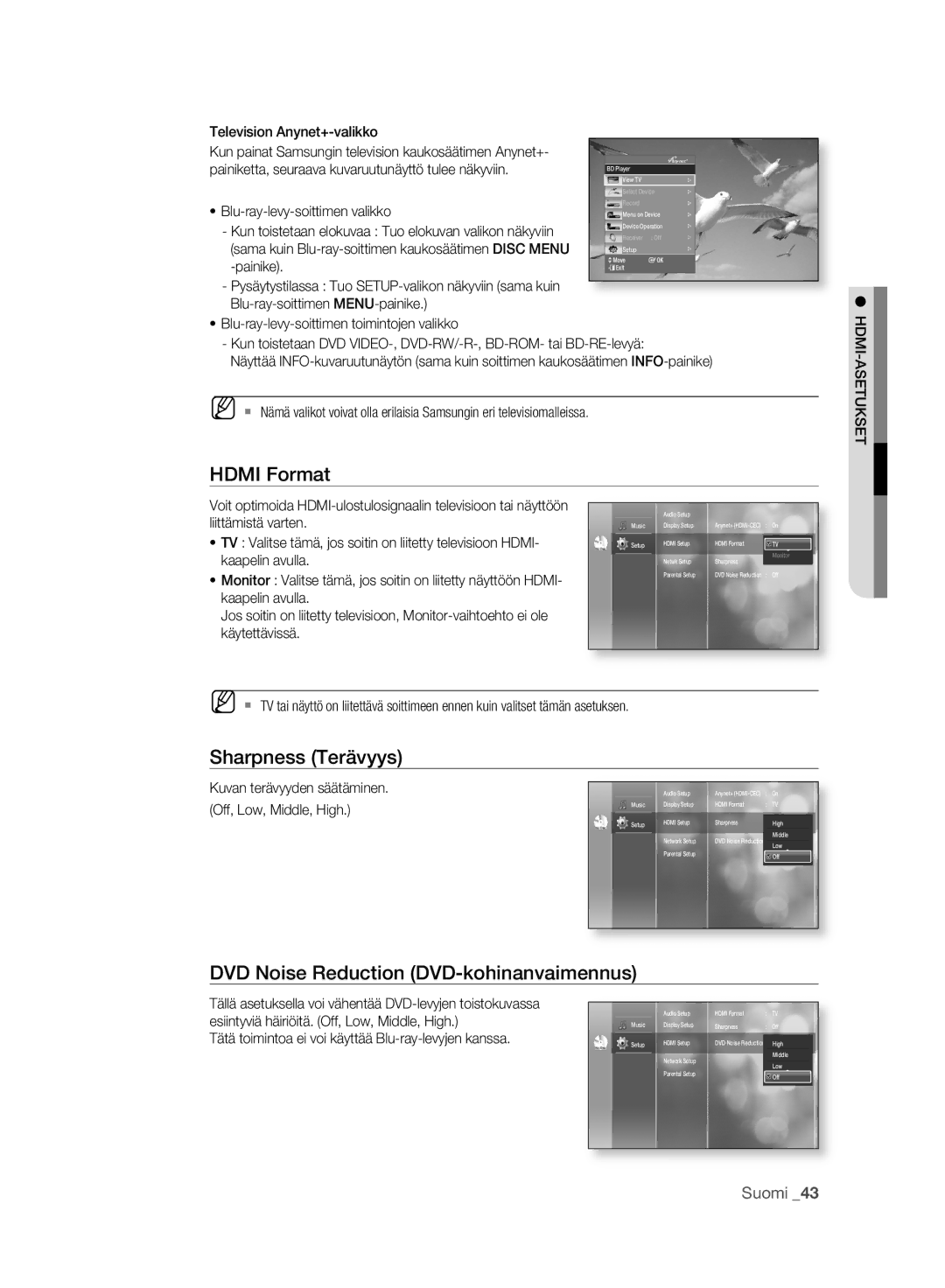 Samsung BD-P2500/XEE manual Hdmi Format, Sharpness Terävyys, DVD Noise Reduction DVD-kohinanvaimennus, Asetukset 