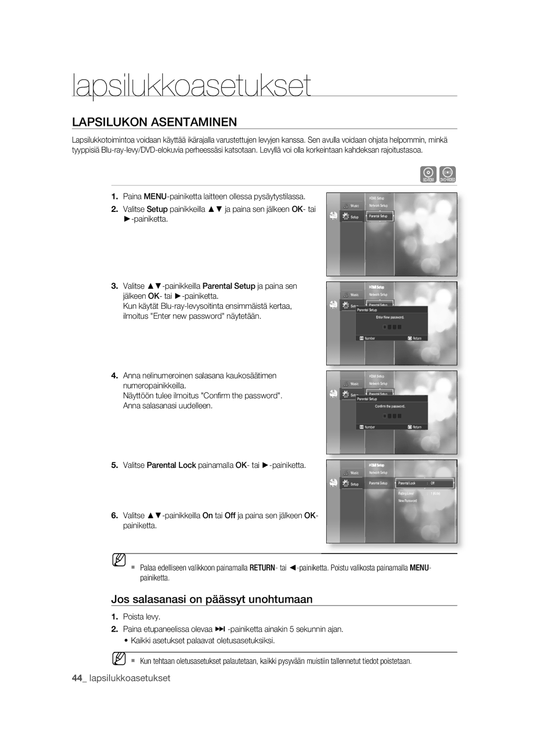 Samsung BD-P2500/XEE manual Lapsilukkoasetukset, Lapsilukon Asentaminen, Jos salasanasi on päässyt unohtumaan 