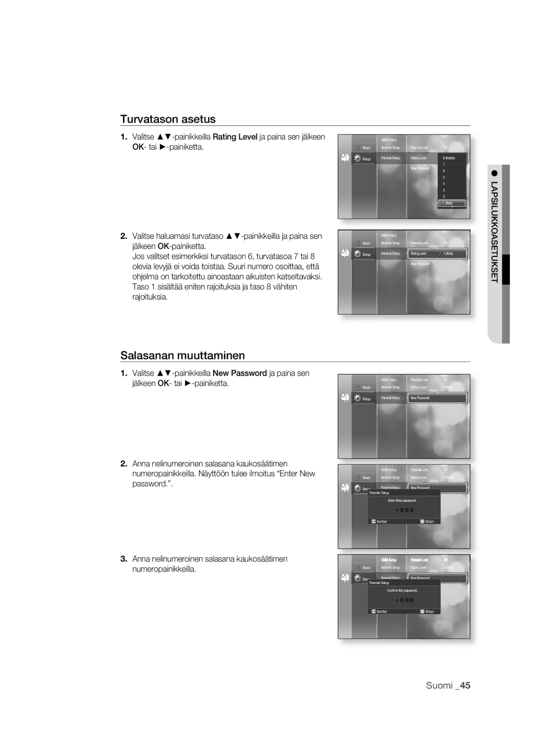 Samsung BD-P2500/XEE manual Turvatason asetus, Salasanan muuttaminen, Lapsilukkoasetukset 