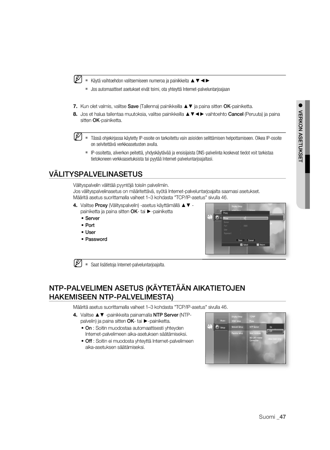 Samsung BD-P2500/XEE manual Välityspalvelinasetus, Verkon Asetukset 