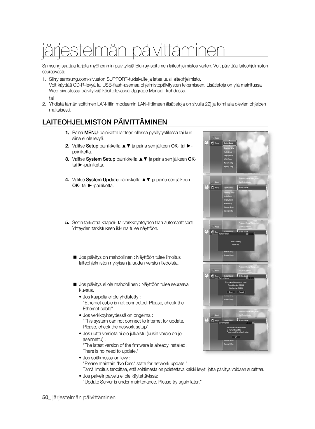 Samsung BD-P2500/XEE manual Järjestelmän päivittäminen, Laiteohjelmiston Päivittäminen, Siinä ei ole levyä, Tai -painiketta 