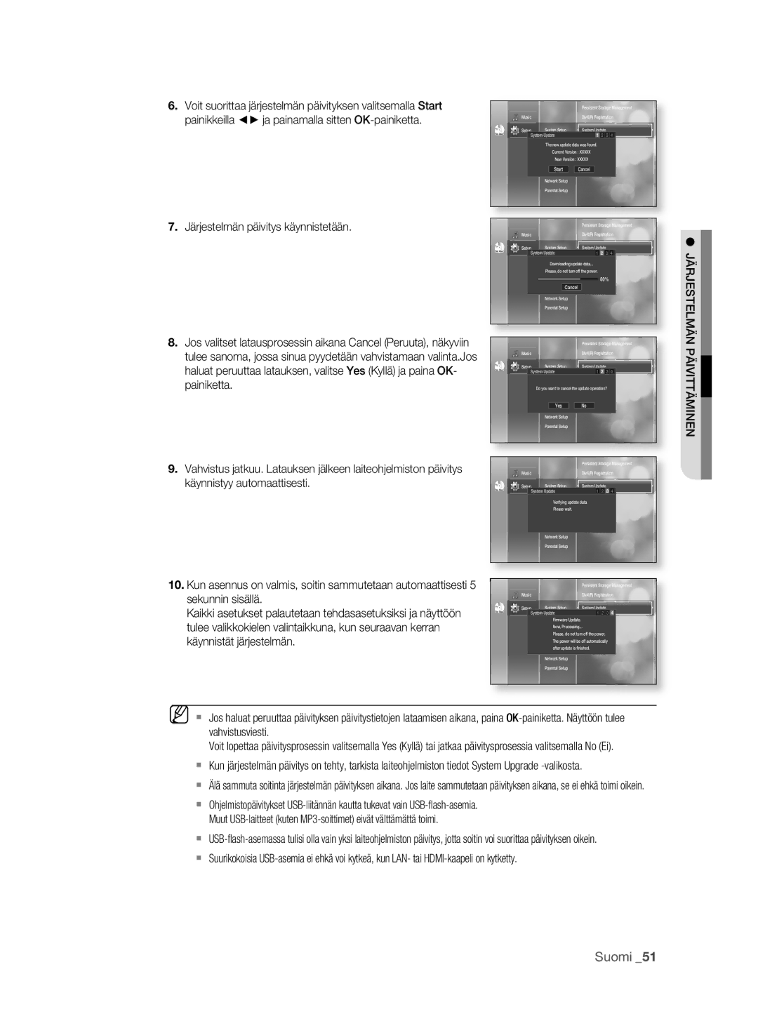 Samsung BD-P2500/XEE manual Järjestelmän päivitys käynnistetään, Päivittäminen 