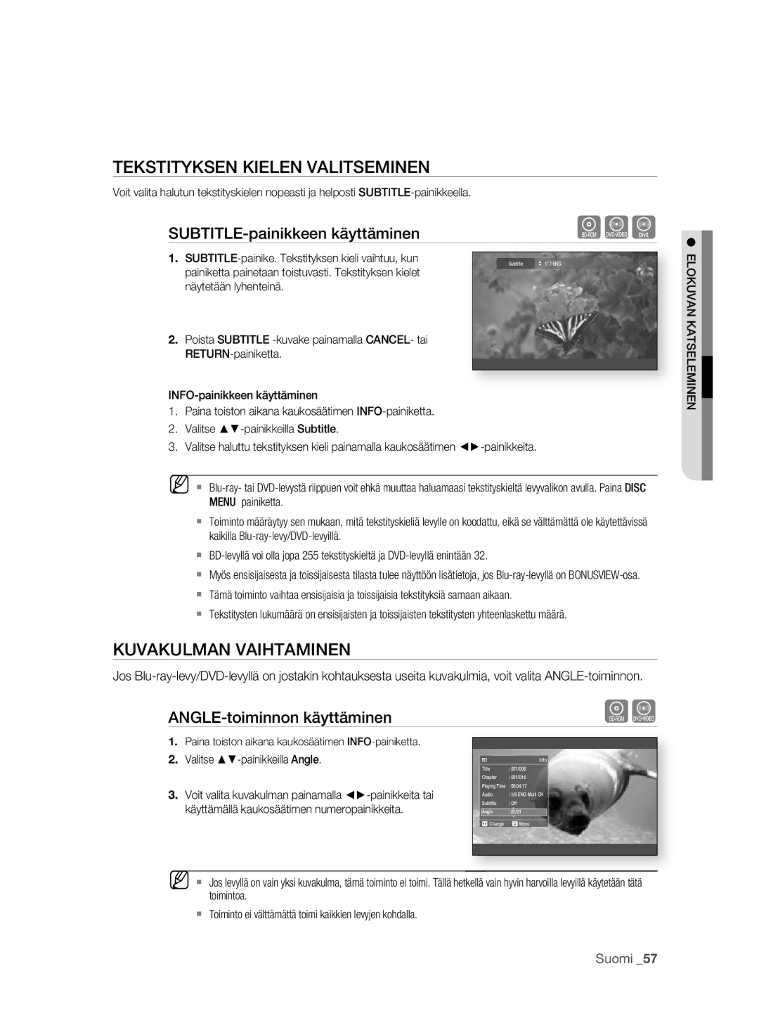 Samsung BD-P2500/XEE manual Tekstityksen Kielen Valitseminen, Kuvakulman Vaihtaminen, ANGLE-toiminnon käyttäminen 