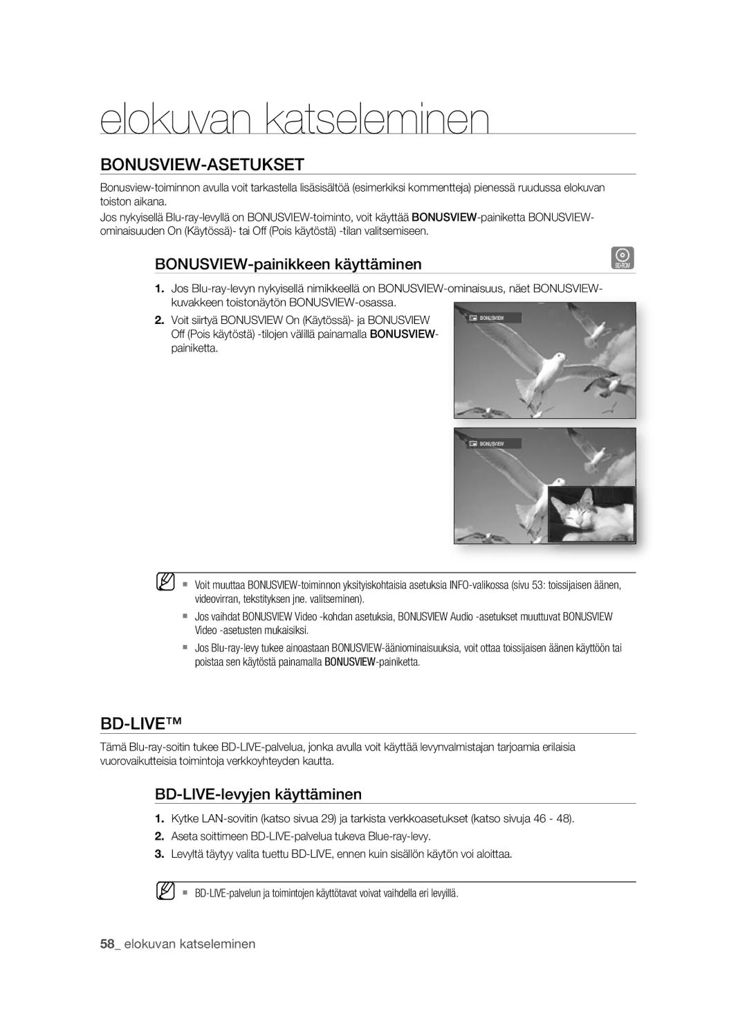 Samsung BD-P2500/XEE manual Bonusview-Asetukset, Bd-Live, BONUSVIEW-painikkeen käyttäminen, BD-LIVE-levyjen käyttäminen 