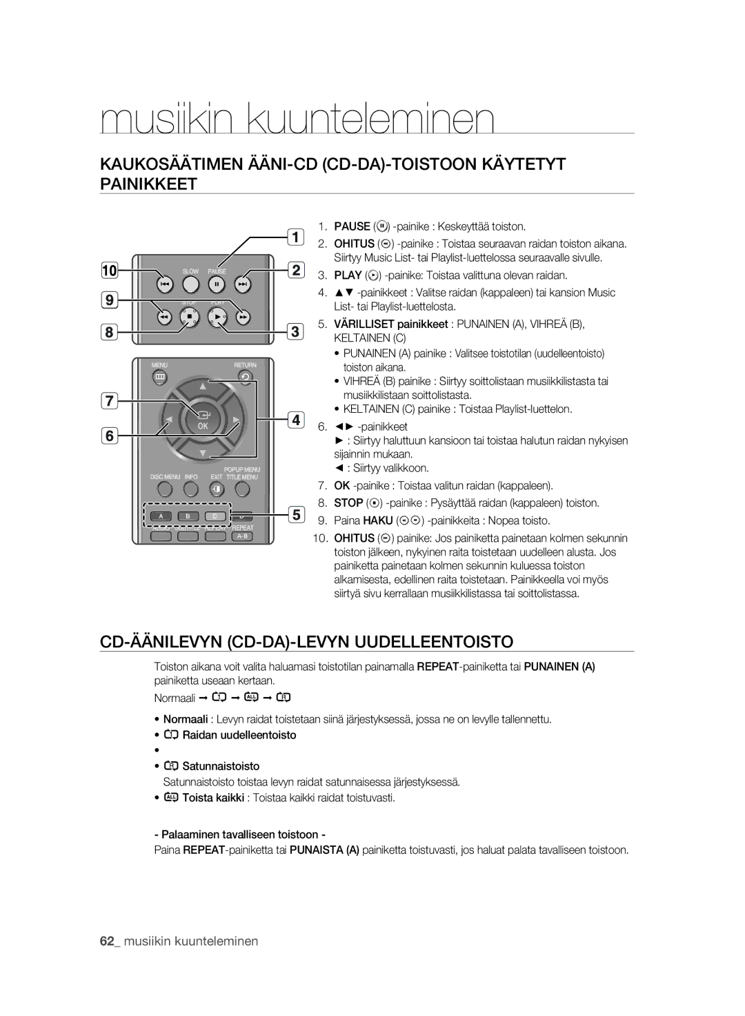 Samsung BD-P2500/XEE Kaukosäätimen ÄÄNI-CD CD-DA-TOISTOON Käytetyt Painikkeet, CD-ÄÄNILEVYN CD-DA-LEVYN Uudelleentoisto 