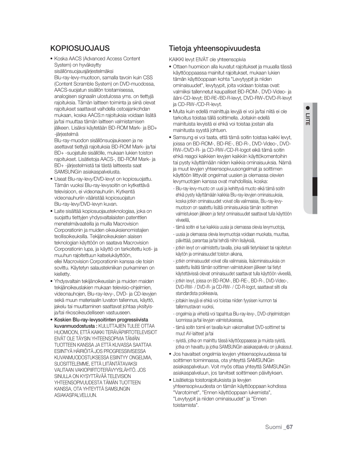 Samsung BD-P2500/XEE manual Kopiosuojaus, Kaikki levyt Eivät ole yhteensopivia, Liite 