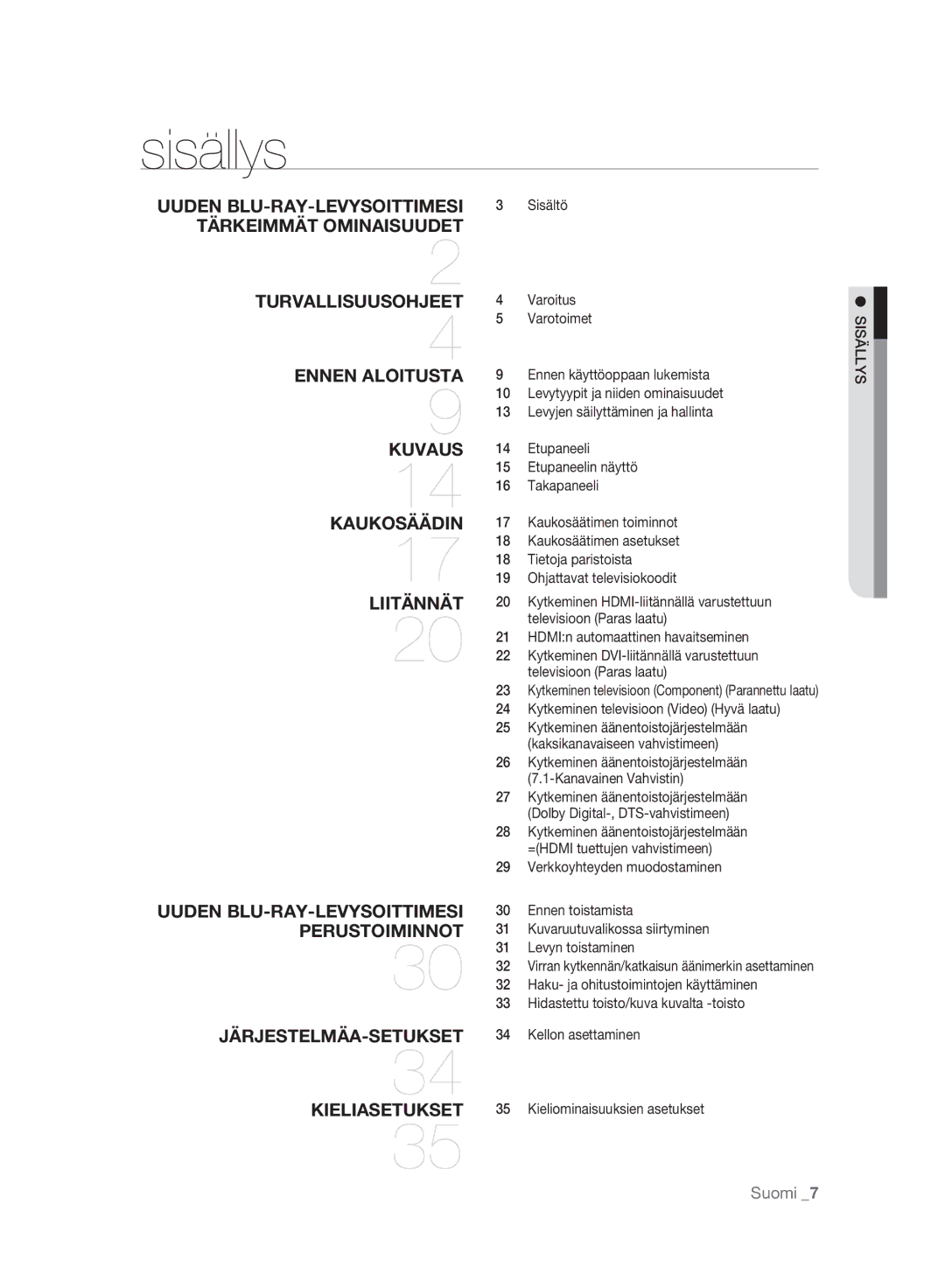 Samsung BD-P2500/XEE manual Sisällys, Sisältö, Varoitus, HDMIn automaattinen havaitseminen 