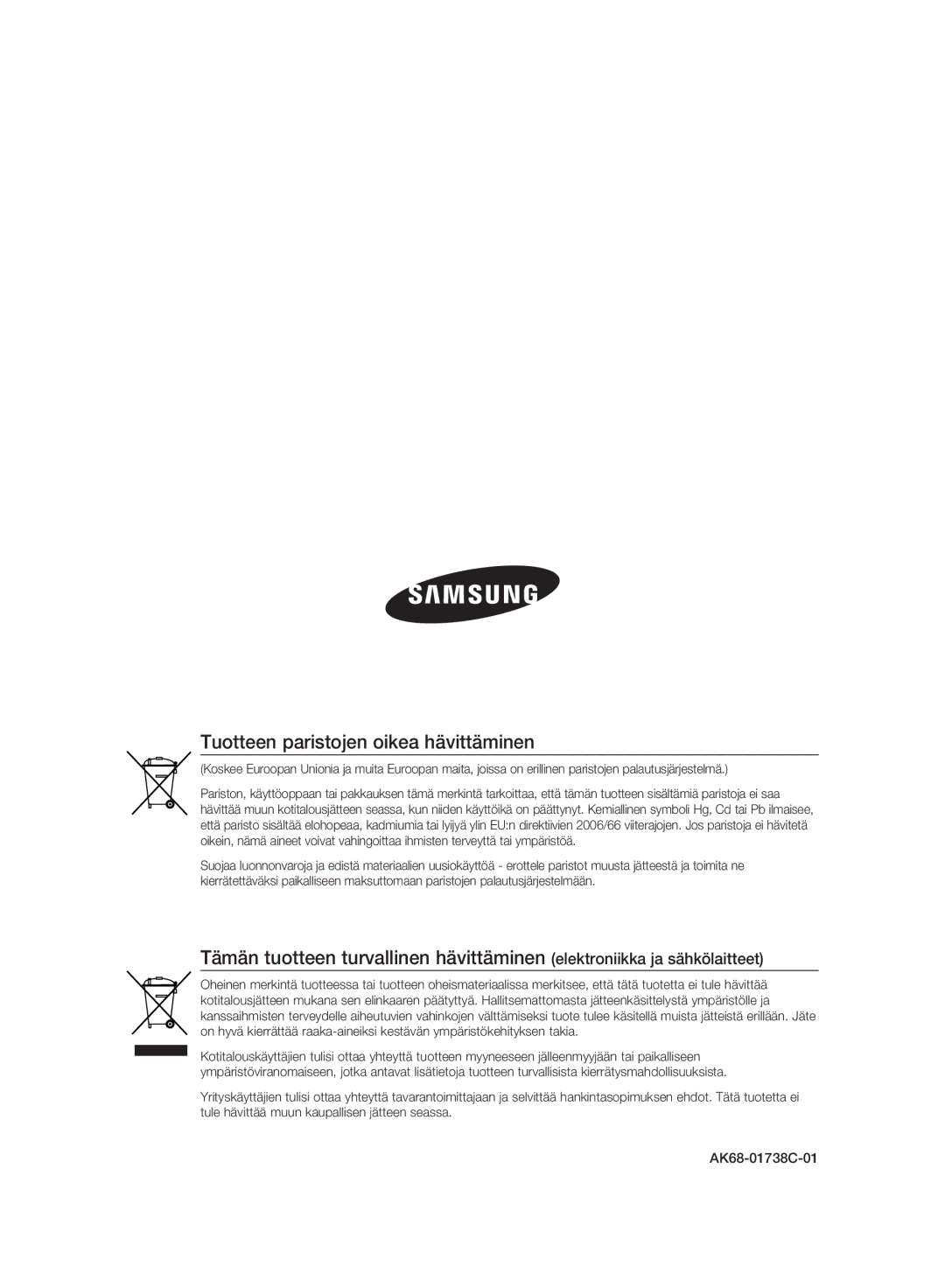 Samsung BD-P2500/XEE manual Tuotteen paristojen oikea hävittäminen 