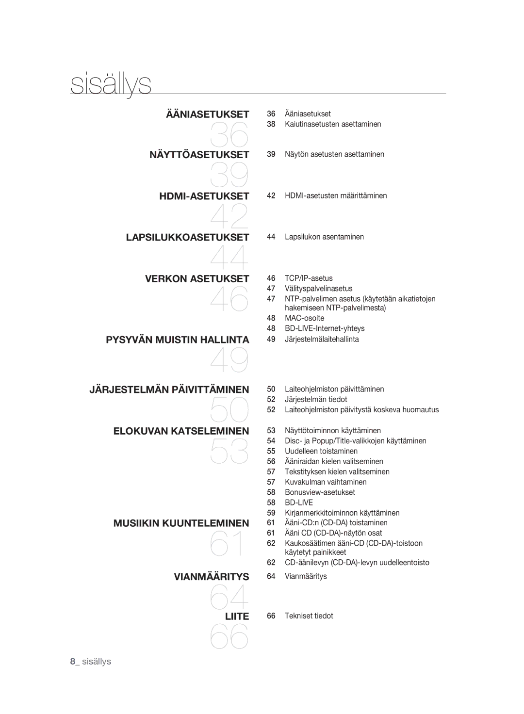 Samsung BD-P2500/XEE manual Sisällys 