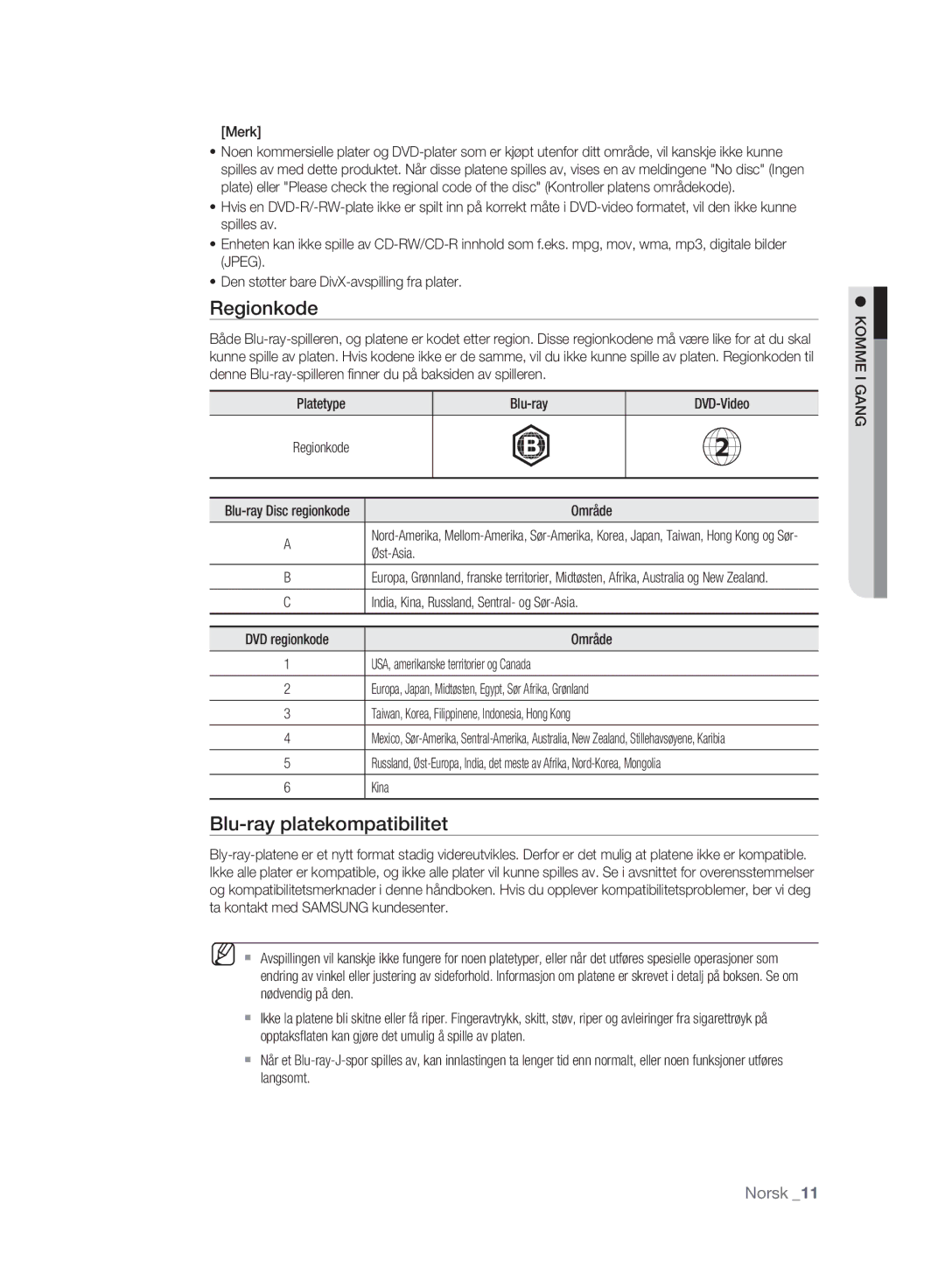 Samsung BD-P2500/XEE manual Regionkode, Blu-ray platekompatibilitet 