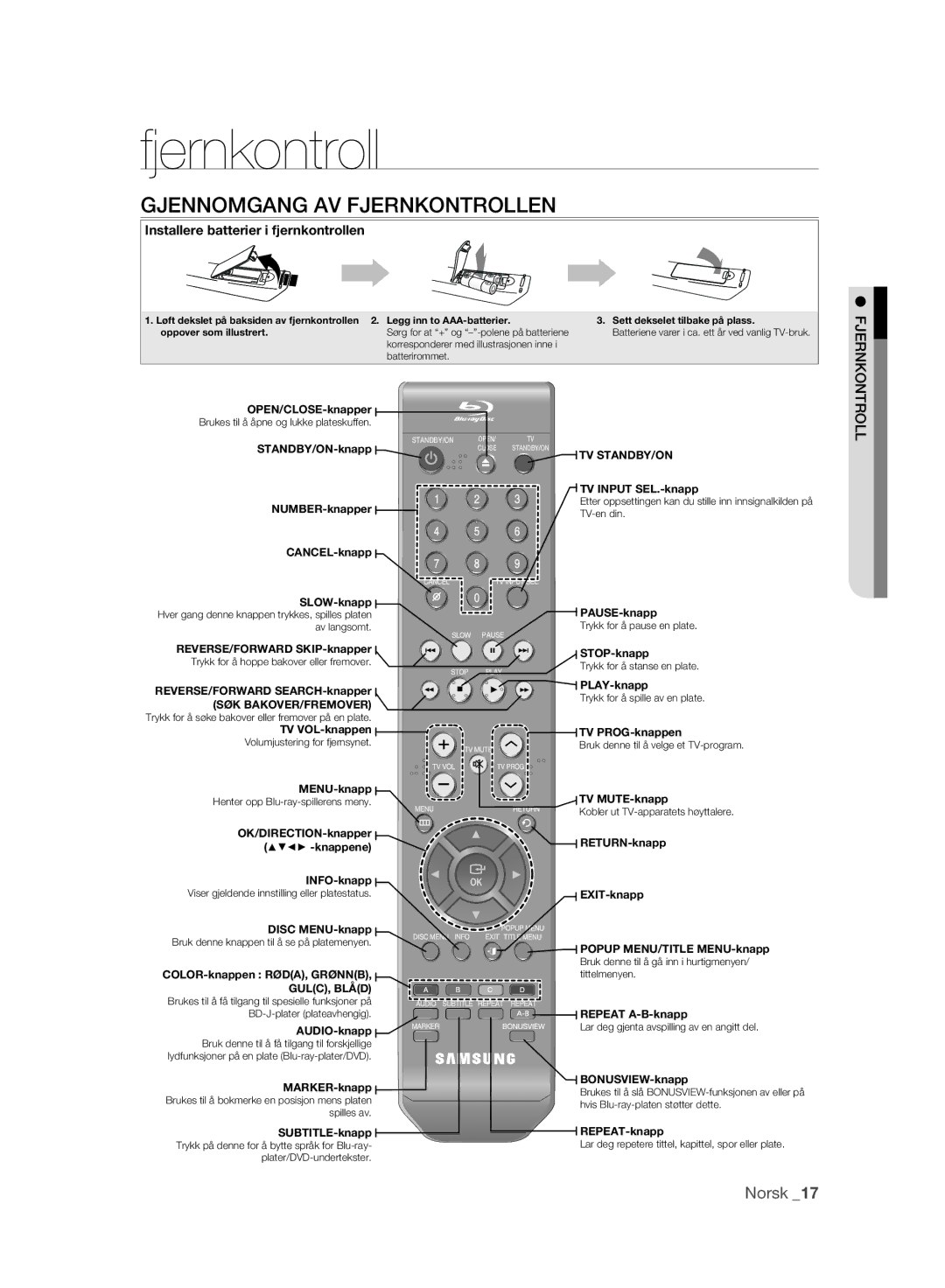 Samsung BD-P2500/XEE manual Gjennomgang AV Fjernkontrollen 