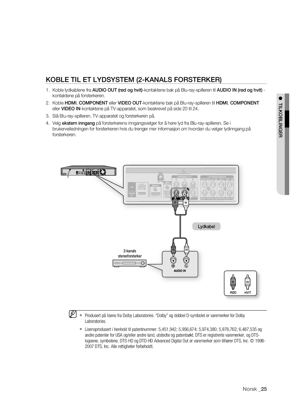 Samsung BD-P2500/XEE manual Koble TIL ET Lydsystem 2-KANALS Forsterker 