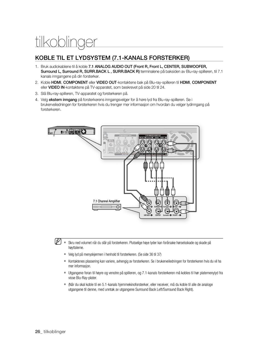 Samsung BD-P2500/XEE manual Koble TIL ET Lydsystem 7.1-KANALS Forsterker 