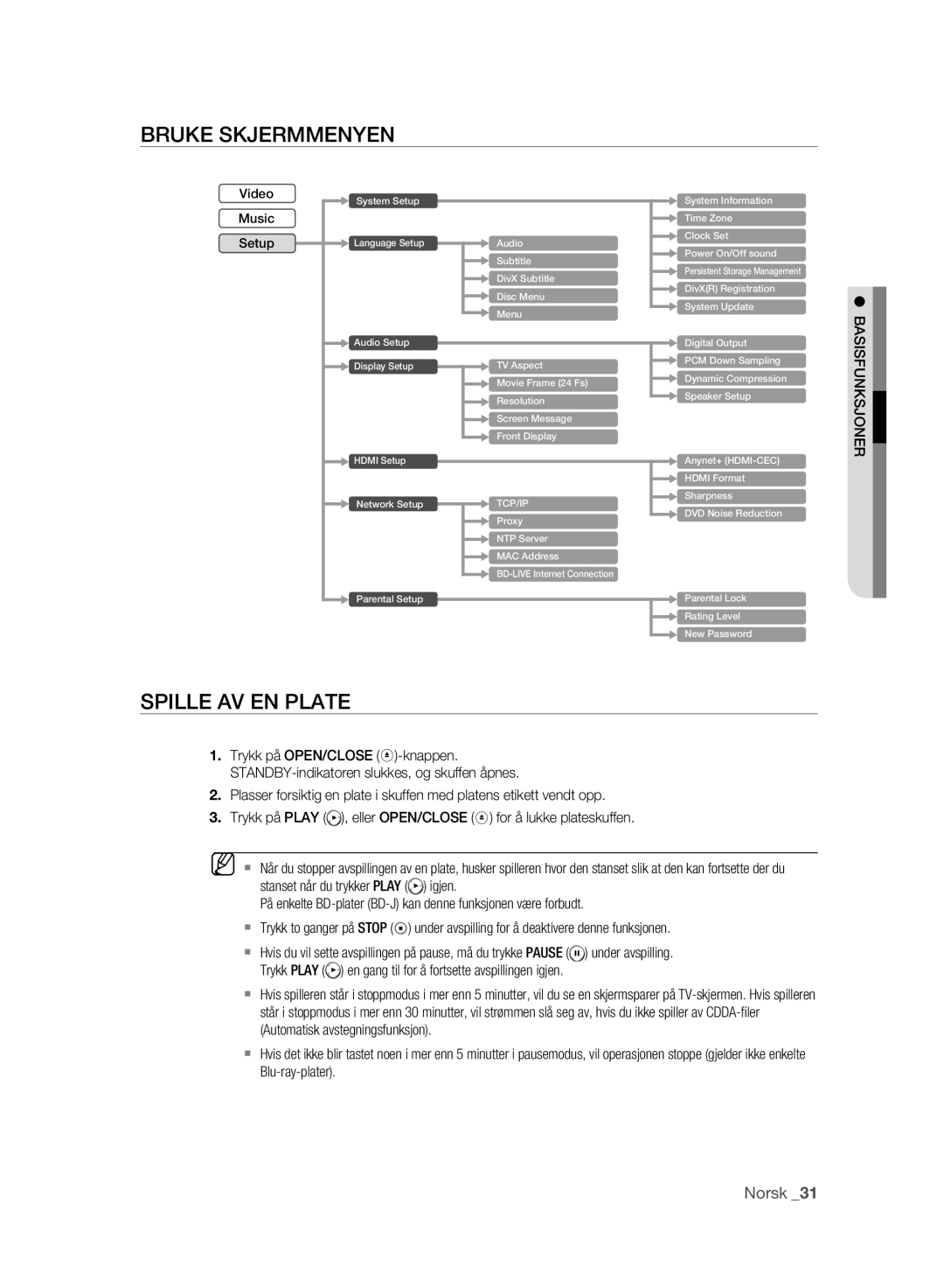 Samsung BD-P2500/XEE manual Bruke Skjermmenyen, Spille AV EN Plate, Basisfunksjoner 