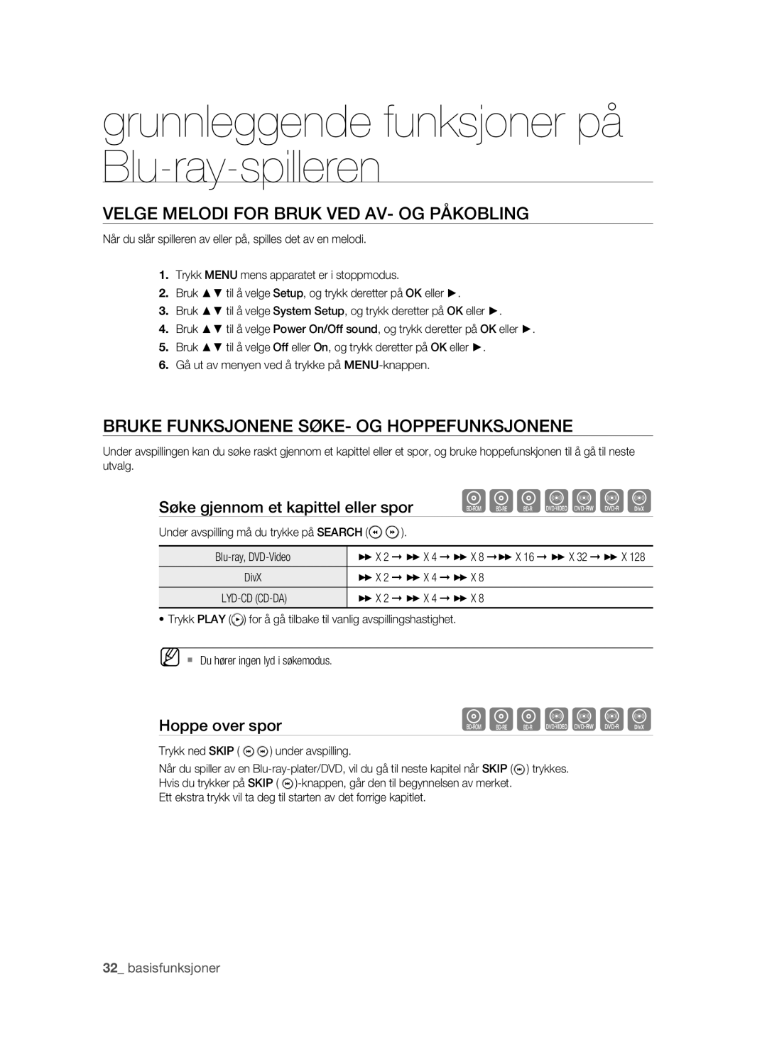 Samsung BD-P2500/XEE manual Grunnleggende funksjoner på Blu-ray-spilleren, Velge Melodi for Bruk VED AV- OG Påkobling 