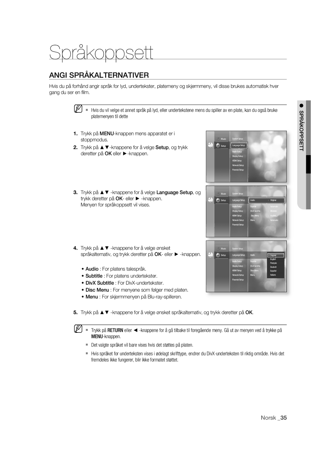 Samsung BD-P2500/XEE manual Språkoppsett, Angi Språkalternativer 