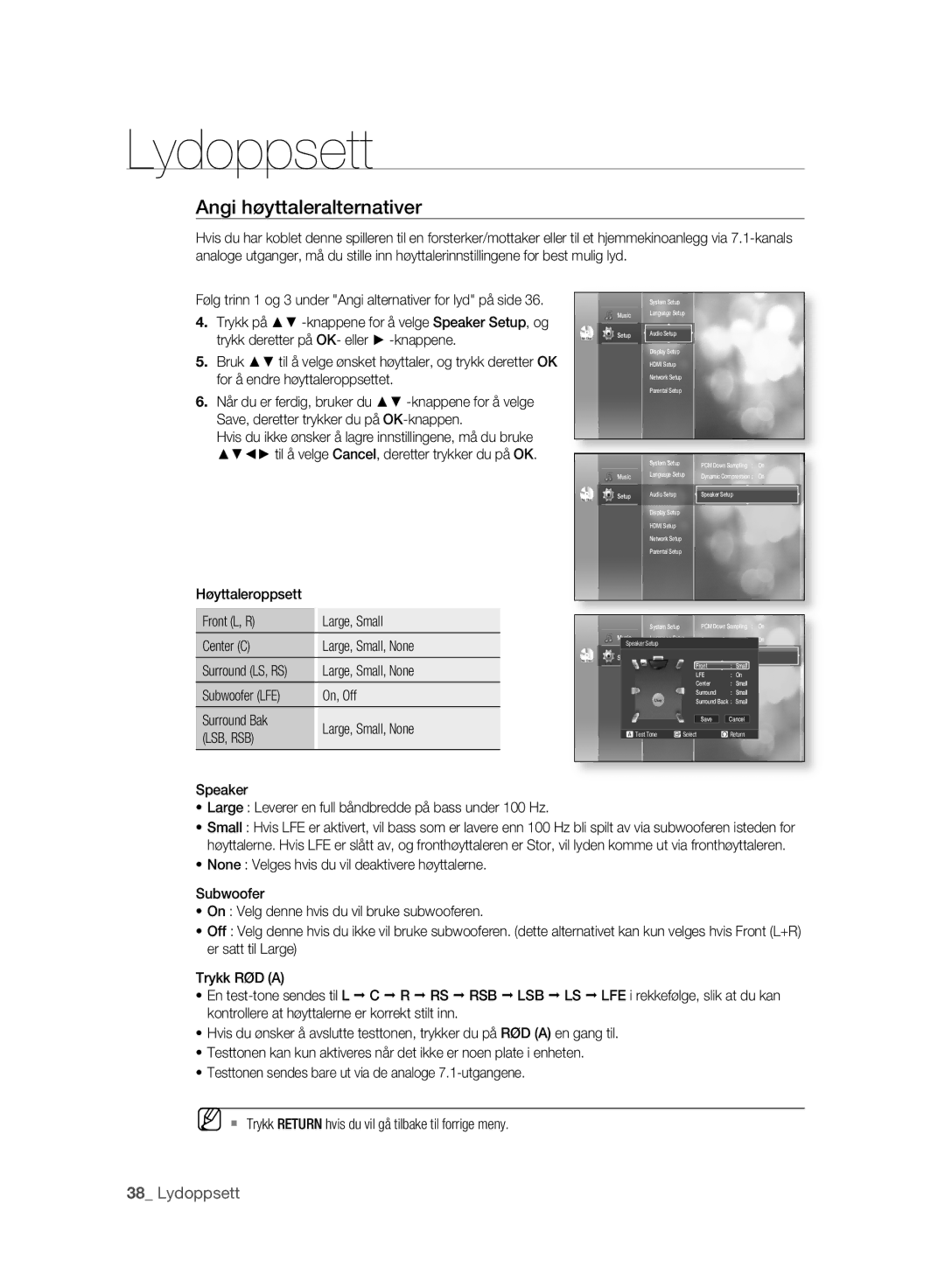 Samsung BD-P2500/XEE Angi høyttaleralternativer, Subwoofer LFE On, Off Surround Bak Large, Small, None, Lsb, Rsb, Speaker 