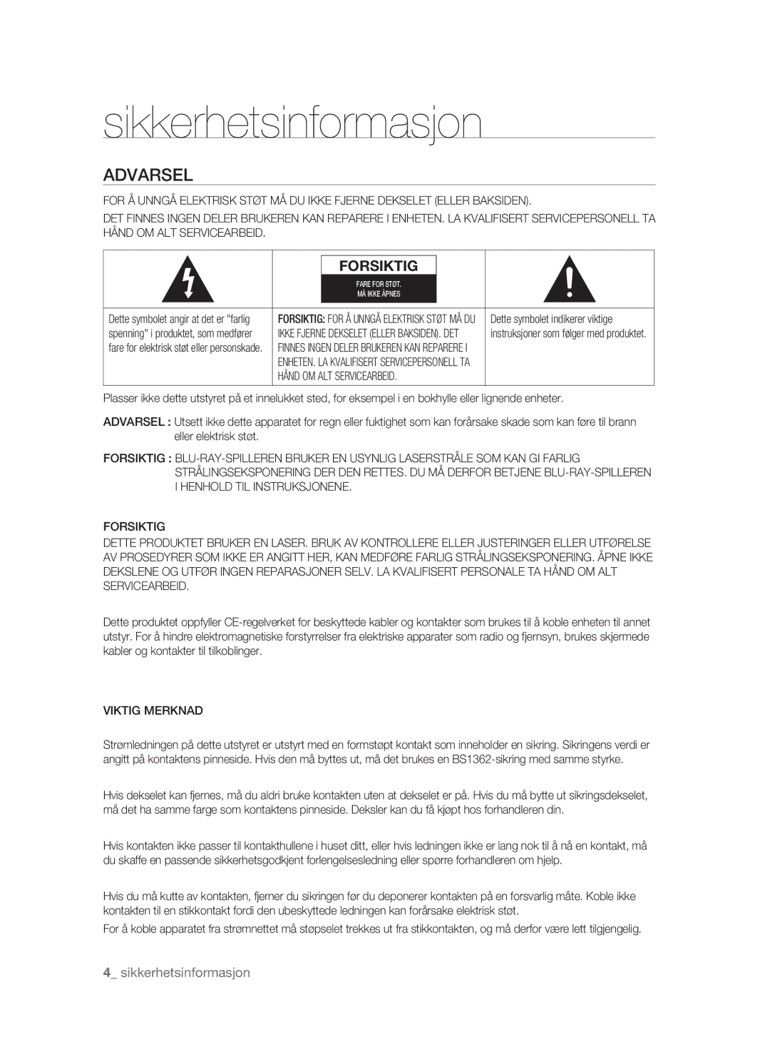 Samsung BD-P2500/XEE manual Sikkerhetsinformasjon, Hånd OM ALT Servicearbeid, Viktig Merknad 