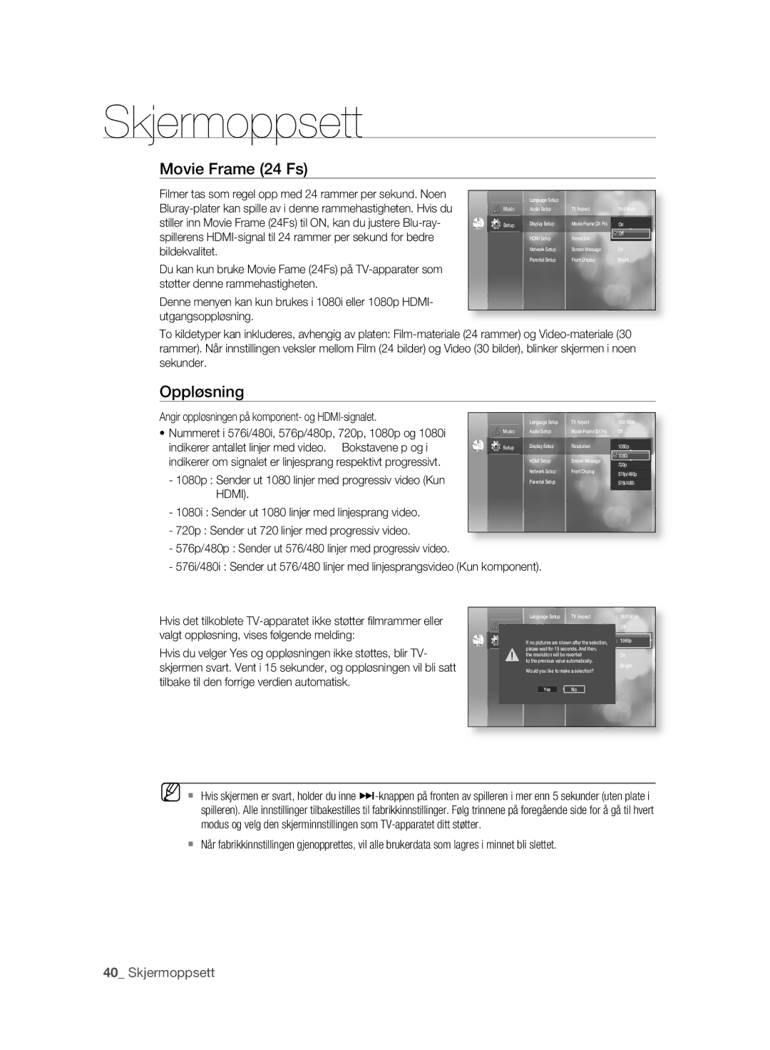 Samsung BD-P2500/XEE manual Movie Frame 24 Fs, Oppløsning, Skjermoppsett 