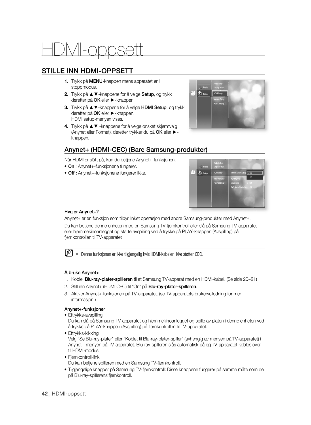 Samsung BD-P2500/XEE manual HDMI-oppsett, Stille INN HDMI-OPPSETT, Anynet+ HDMI-CEC Bare Samsung-produkter 