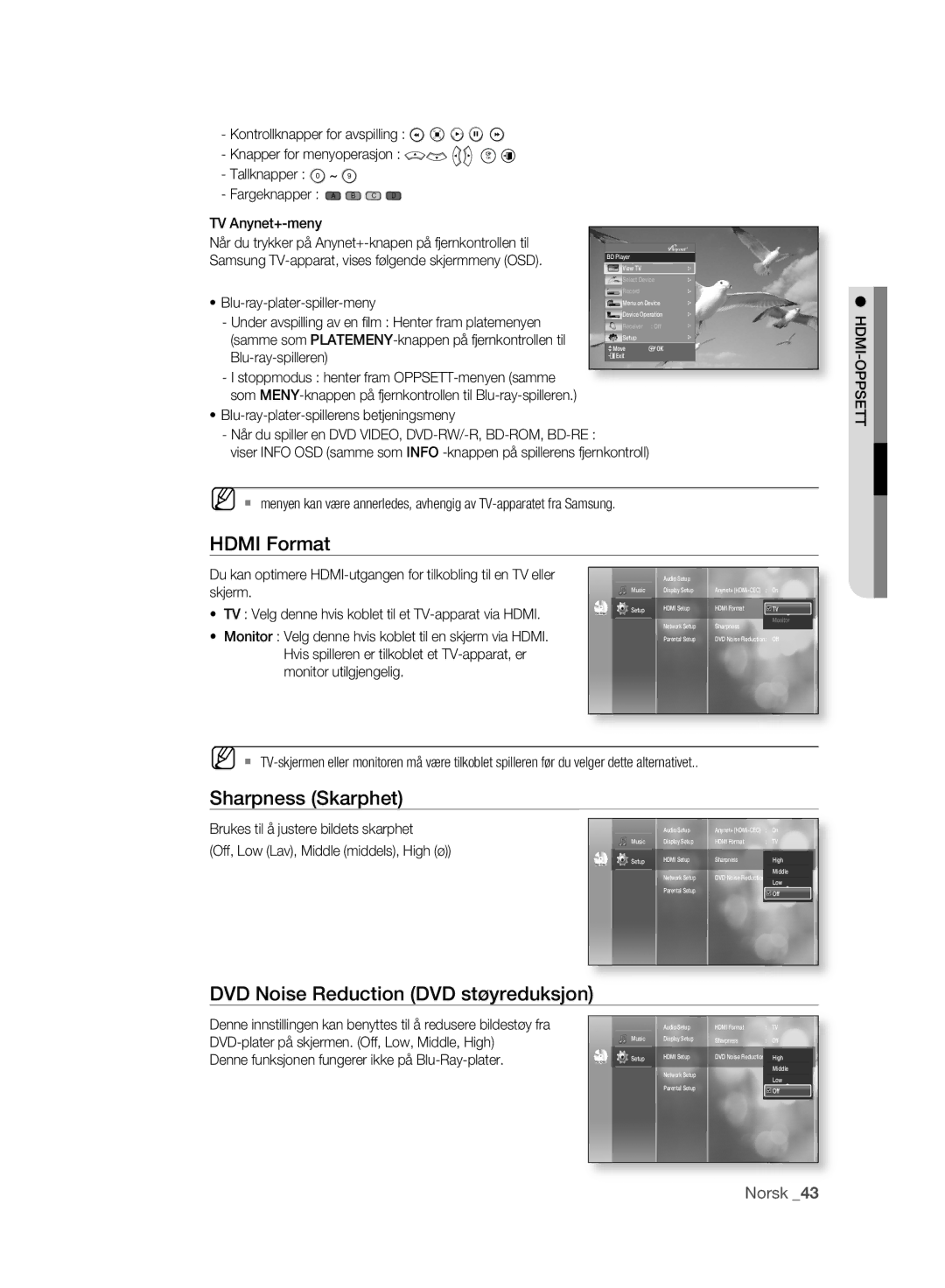 Samsung BD-P2500/XEE manual Hdmi Format, Sharpness Skarphet, DVD Noise Reduction DVD støyreduksjon, Hdmi-Oppsett 