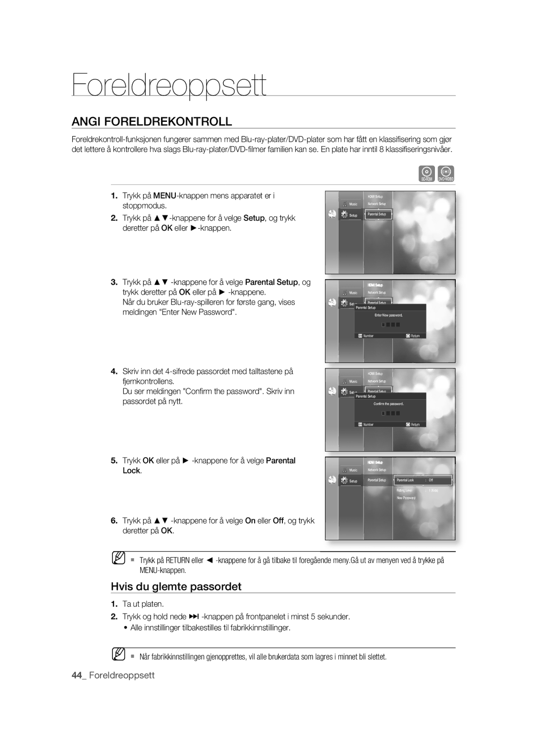 Samsung BD-P2500/XEE manual Foreldreoppsett, Angi Foreldrekontroll, Hvis du glemte passordet 