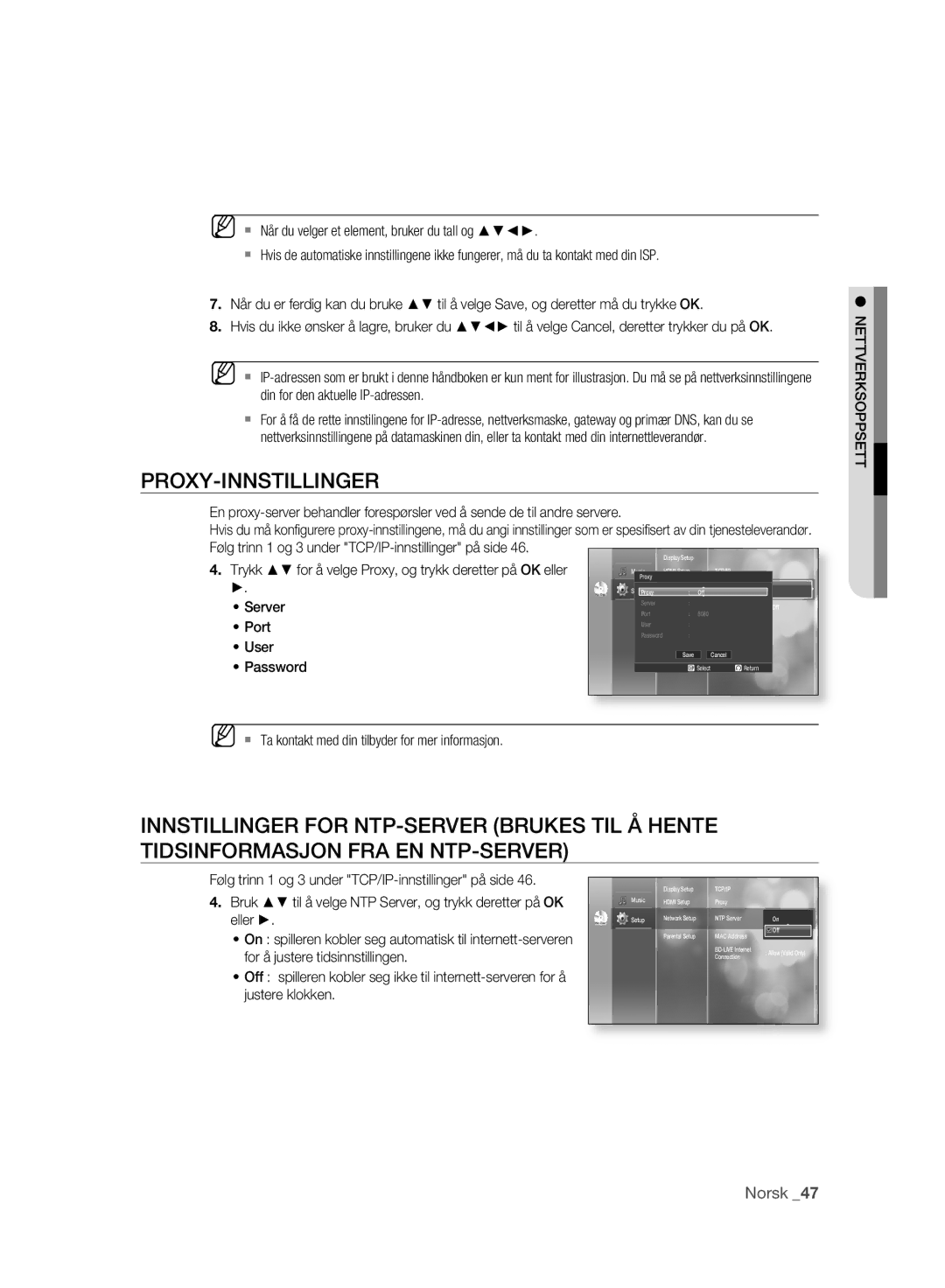 Samsung BD-P2500/XEE manual Proxy-Innstillinger, Nettverksoppsett 